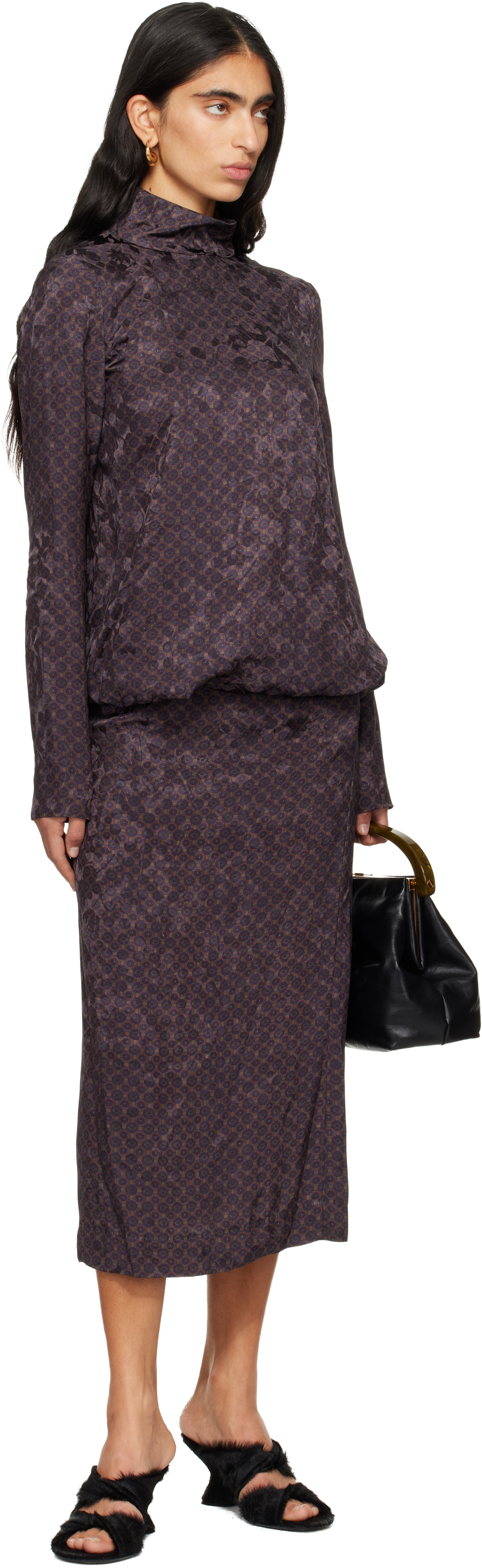 Dries Van Noten Brown Gathered Midi Dress