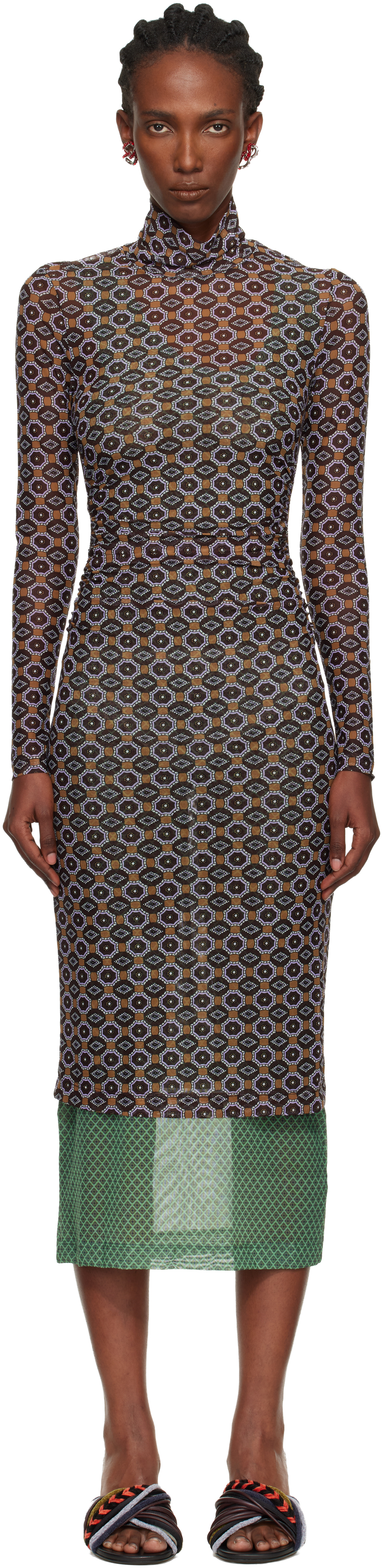 Dries Van Noten Printed Mesh Layered Midi Dress In Brown