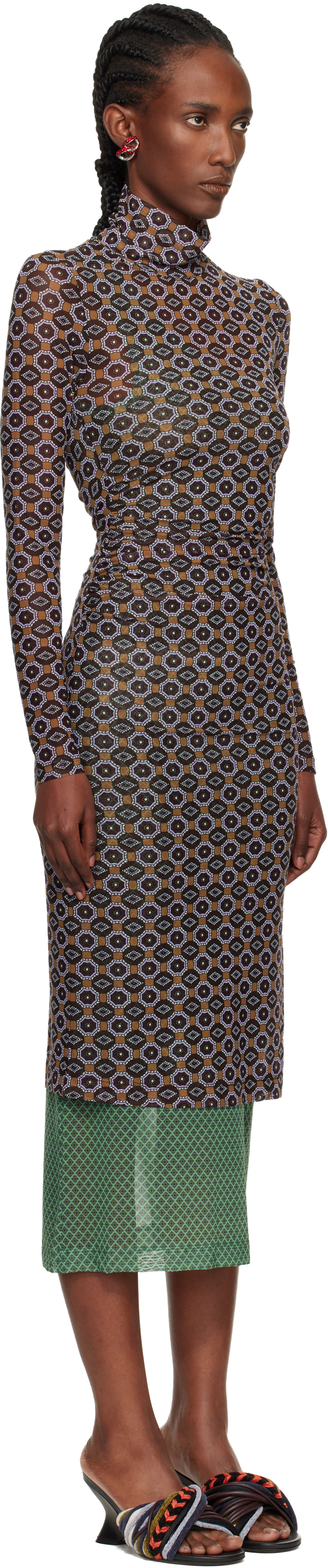Dries Van Noten Printed Mesh Layered Midi Dress In Brown