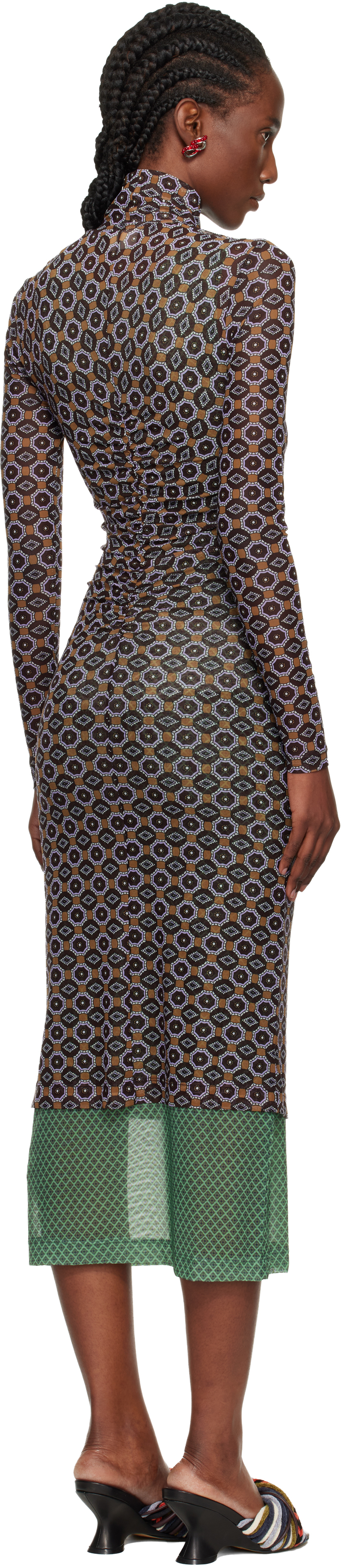 Dries Van Noten Printed Mesh Layered Midi Dress In Brown