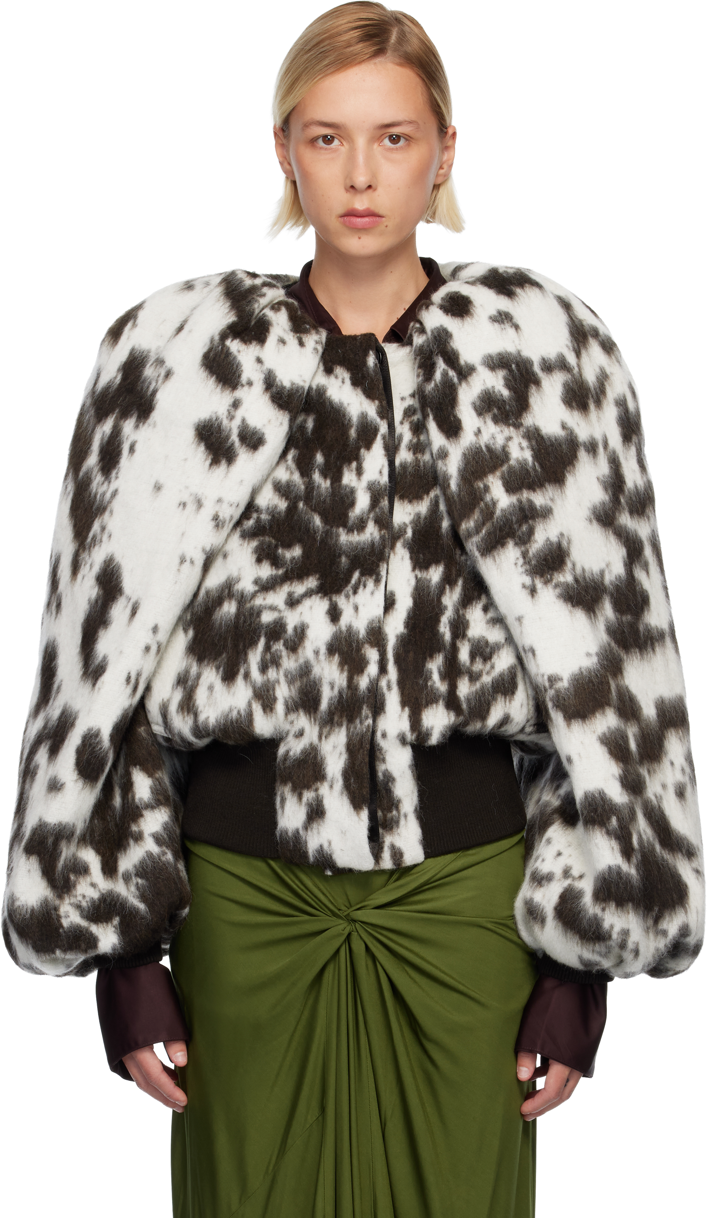 Off-White & Brown Brushed Bomber Jacket by Dries Van Noten on Sale