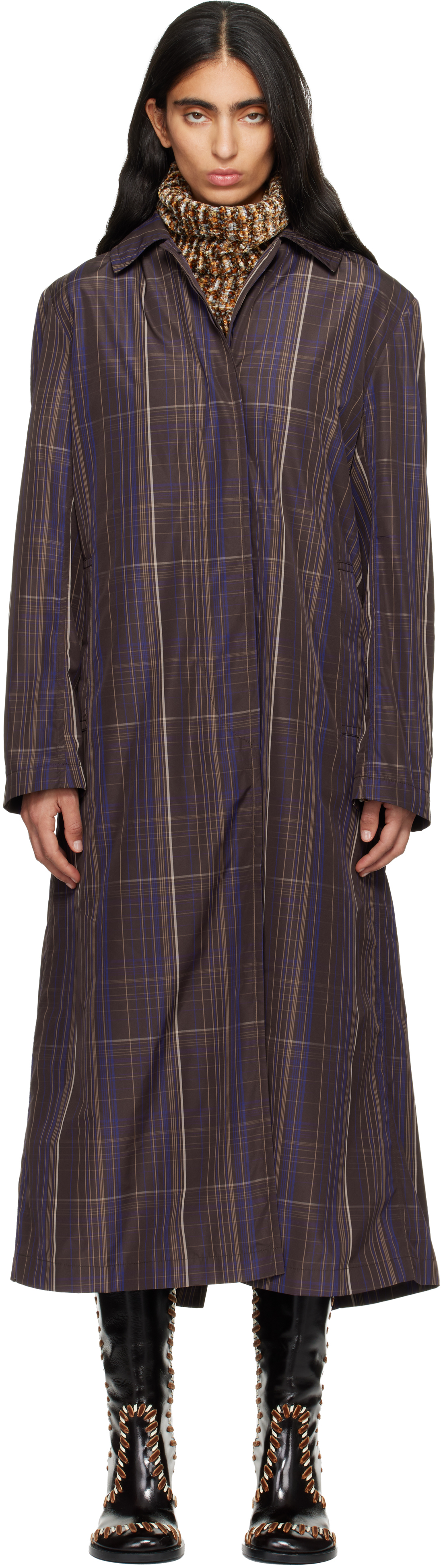 Dries Van Noten Brown Micro Tartan Coat In Multi
