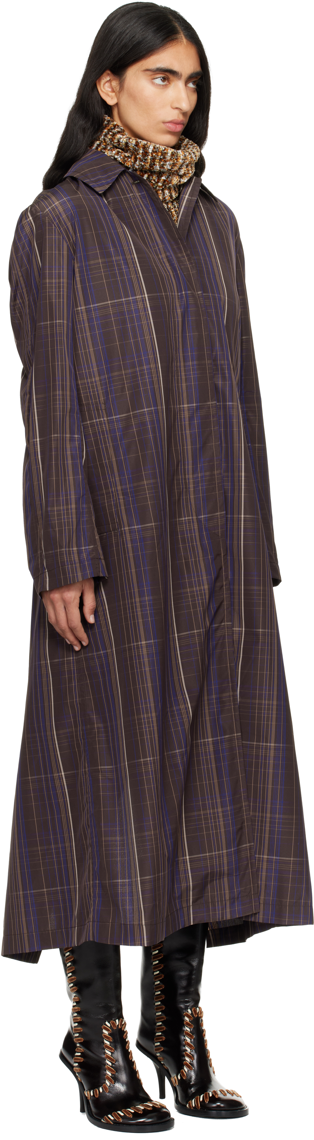 Dries Van Noten Brown Micro Tartan Coat In Multi