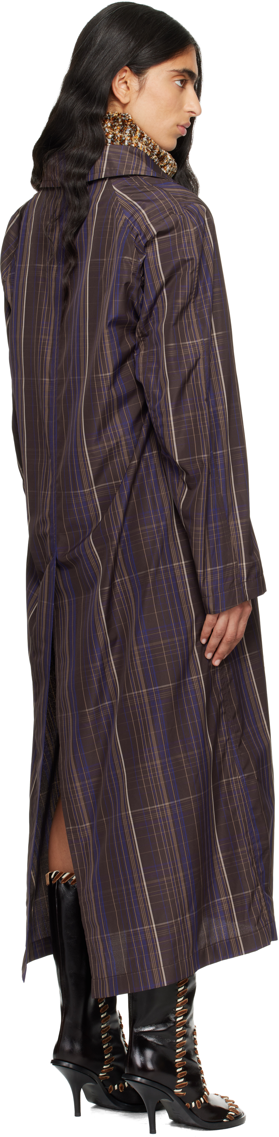 Dries Van Noten Brown Micro Tartan Coat In Multi