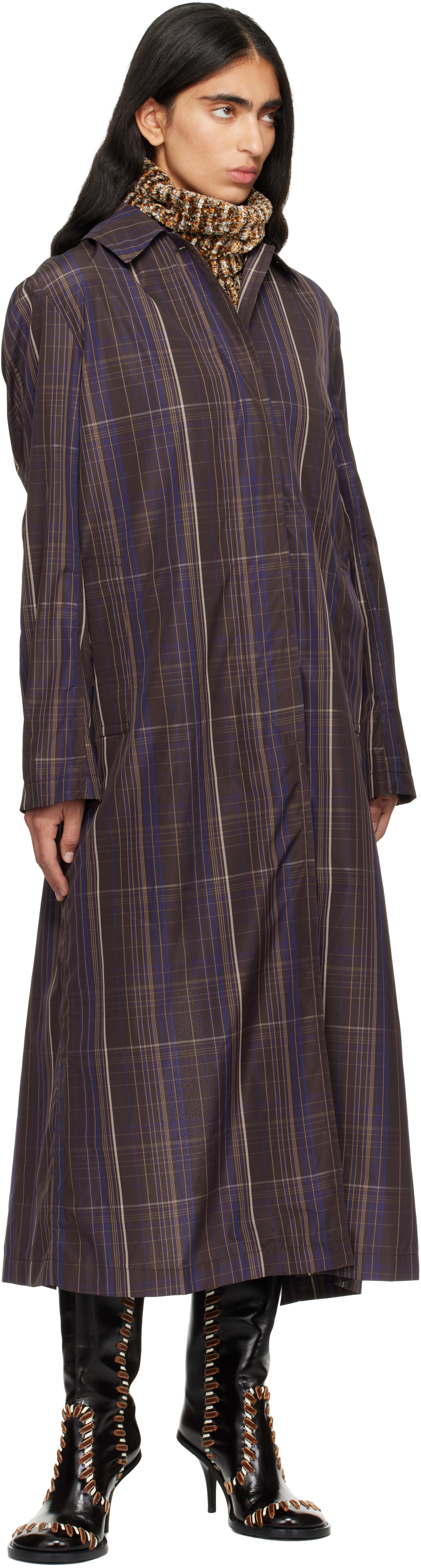 Dries Van Noten Brown Micro Tartan Coat In Multi