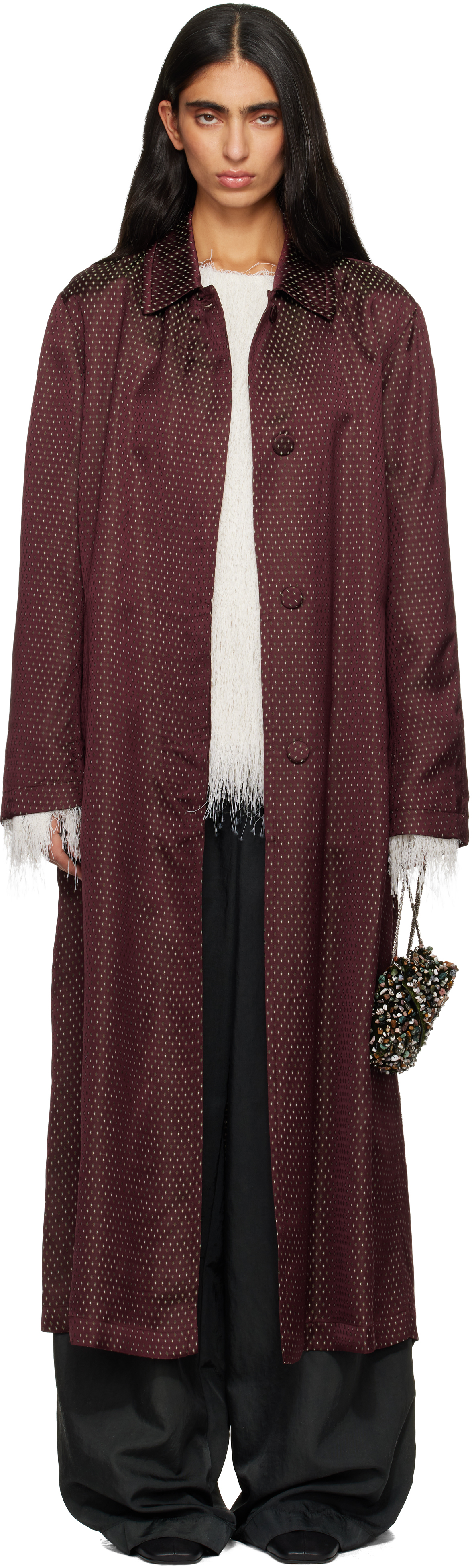 Dries Van Noten Burgundy Jacquard Mac Coat In Multi