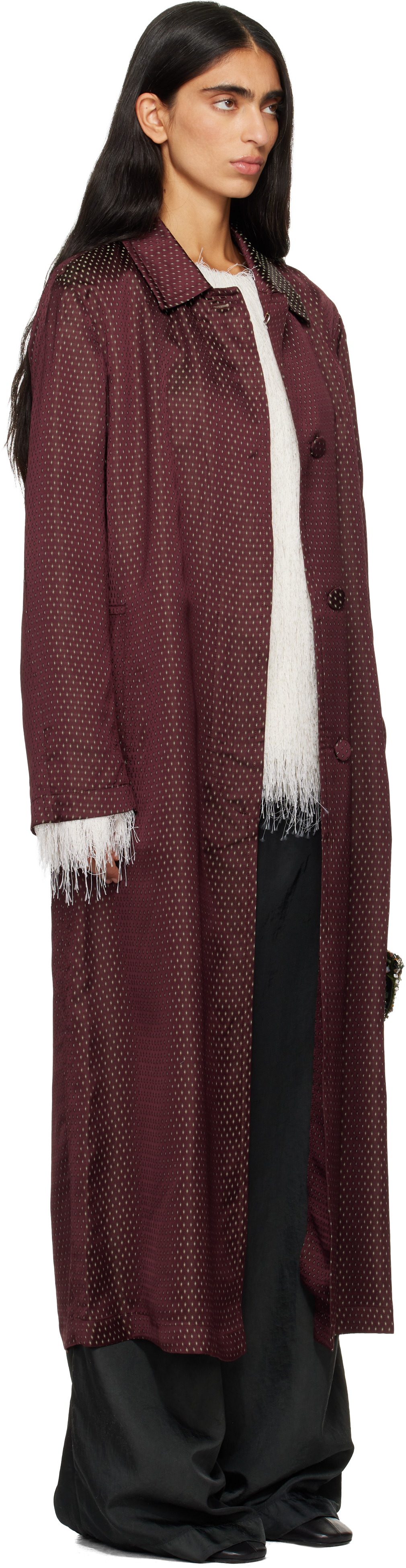 Dries Van Noten Burgundy Jacquard Mac Coat In Multi