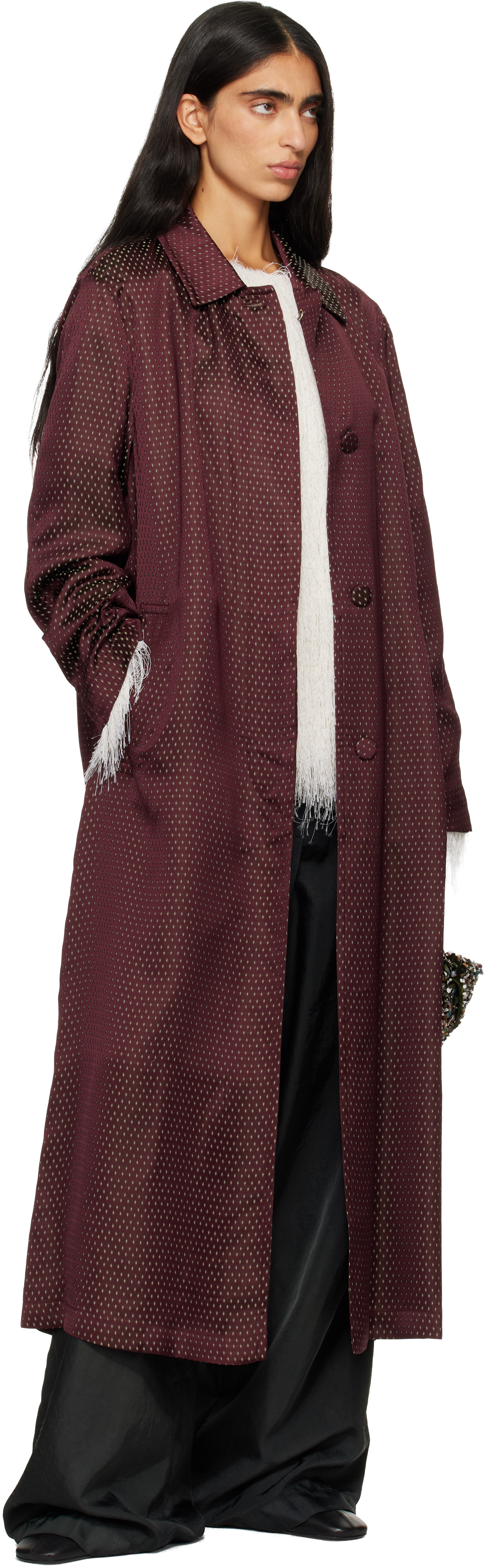 Dries Van Noten Burgundy Jacquard Mac Coat In Multi