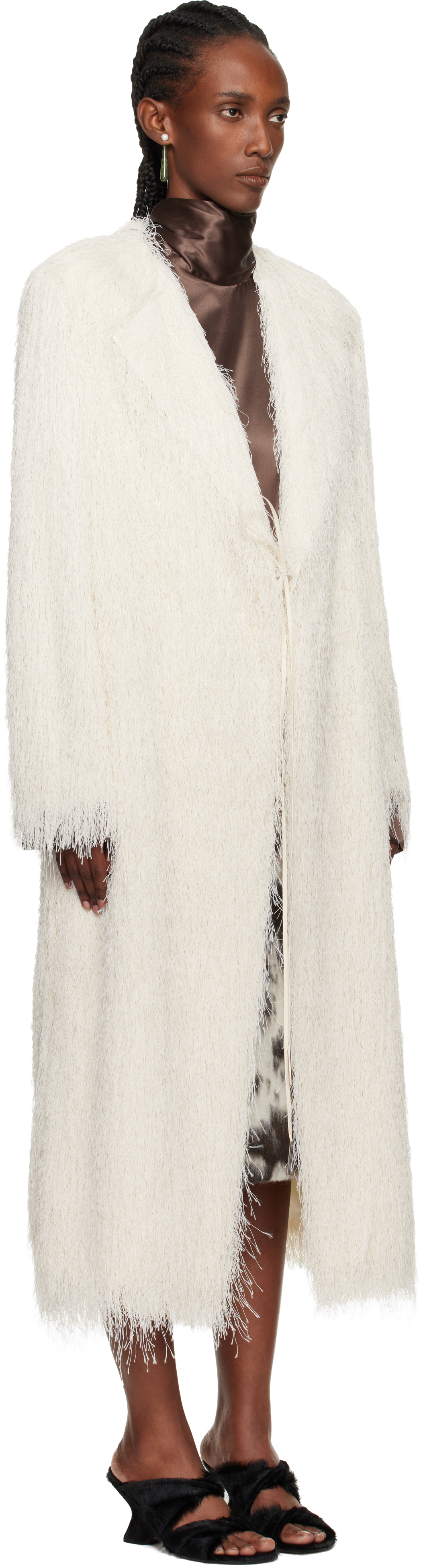 Dries Van Noten White Fringed Coat In White
