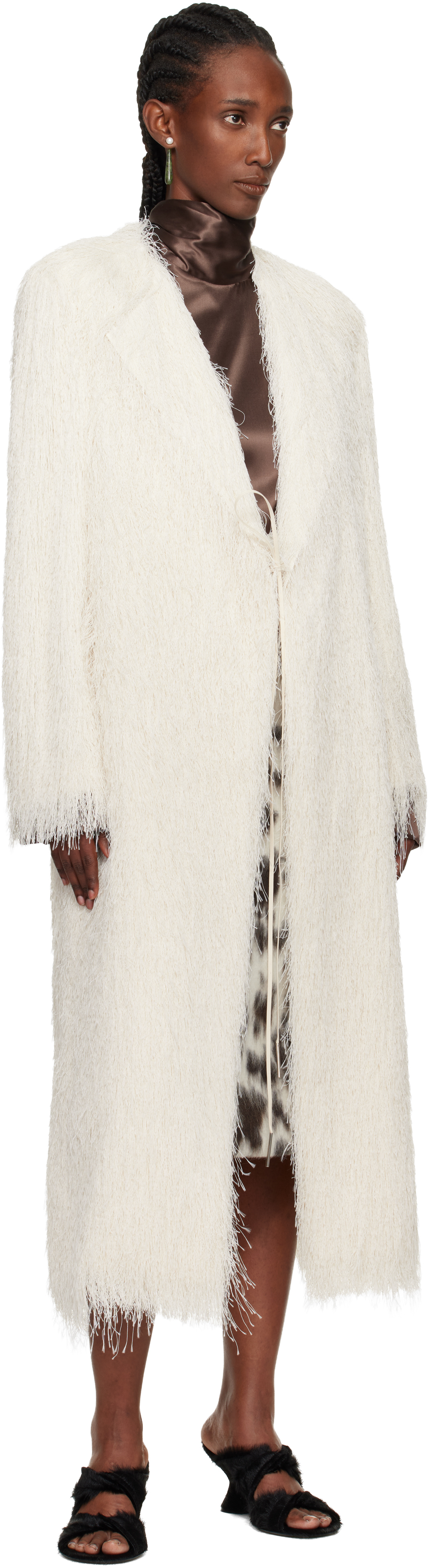 Dries Van Noten White Fringed Coat In White