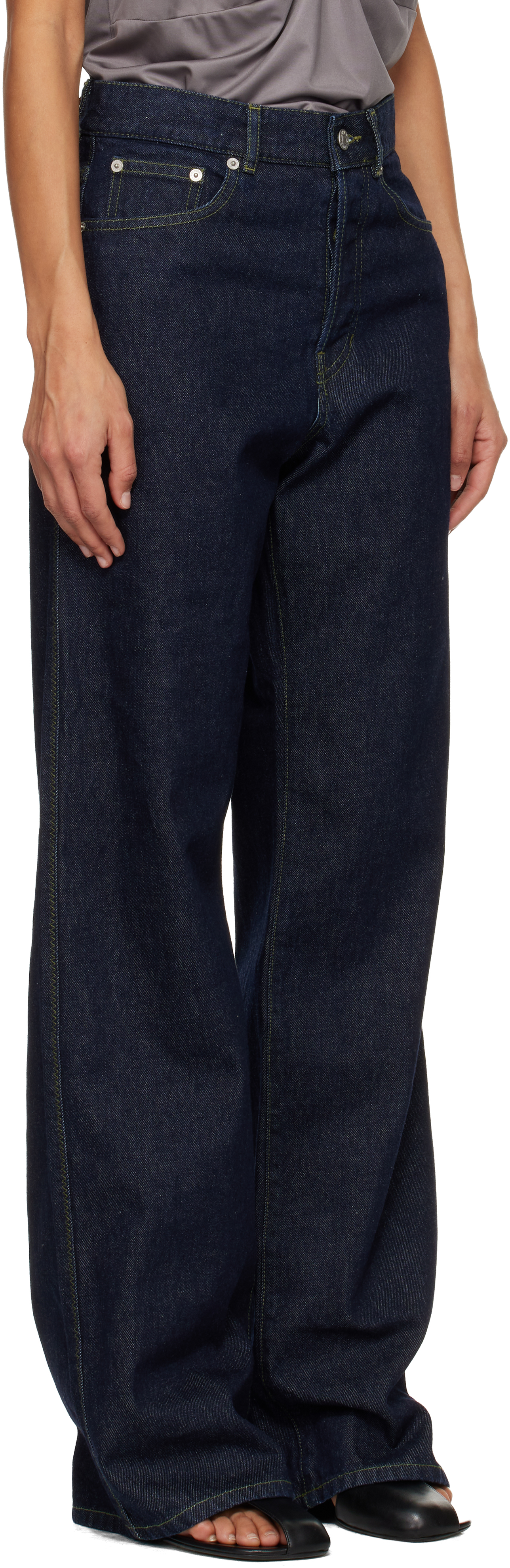 Dries Van Noten Blue Leather Patch Jeans In Black