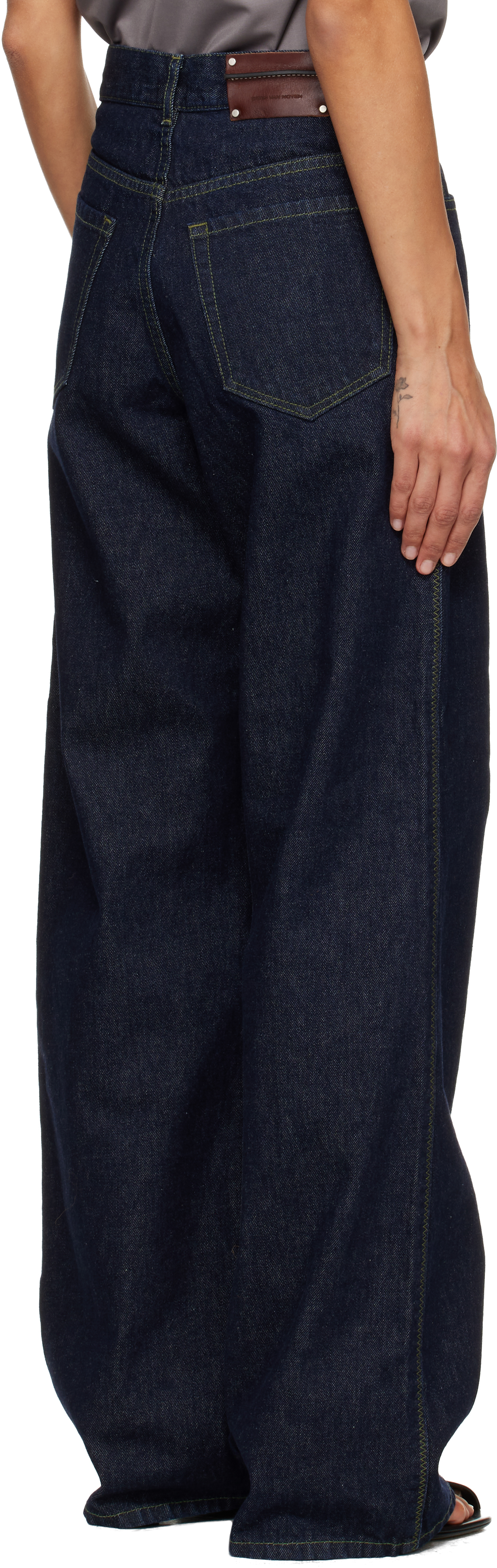 Dries Van Noten Blue Leather Patch Jeans In Black