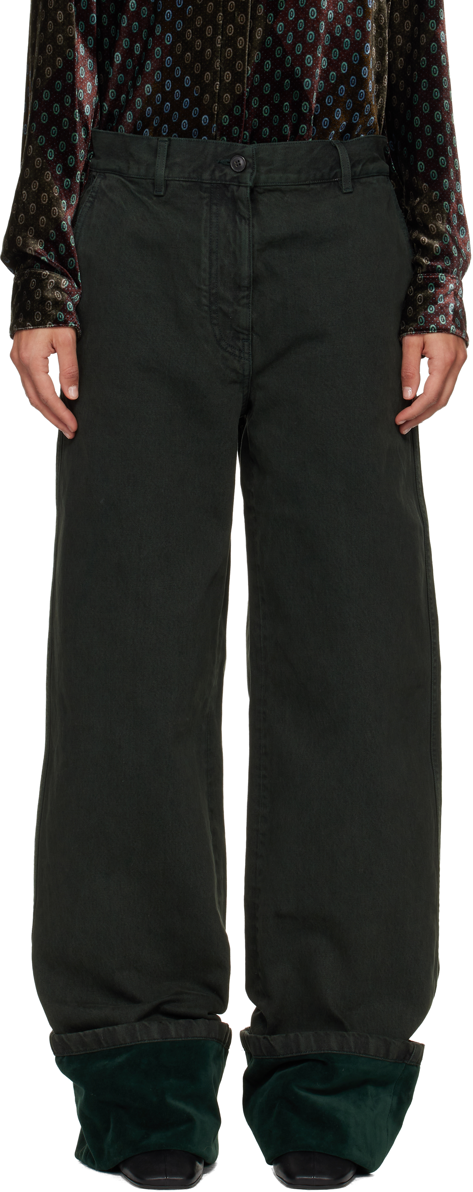 Dries Van Noten Green Velvet Cuff Jeans In Black