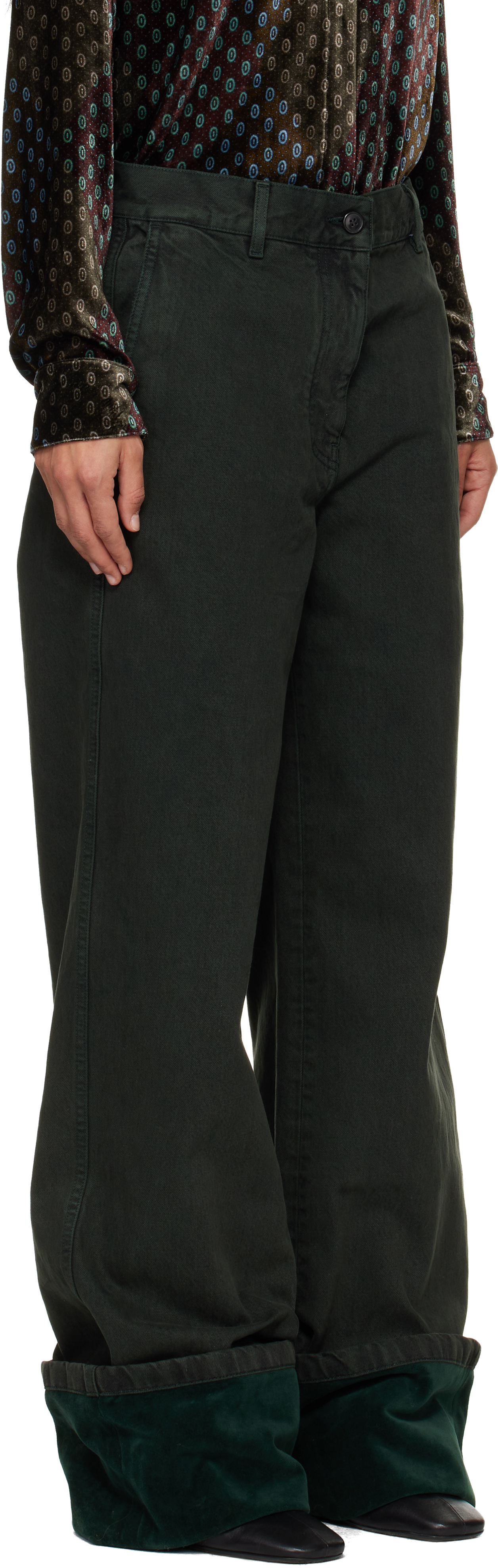 Dries Van Noten Green Velvet Cuff Jeans In Black