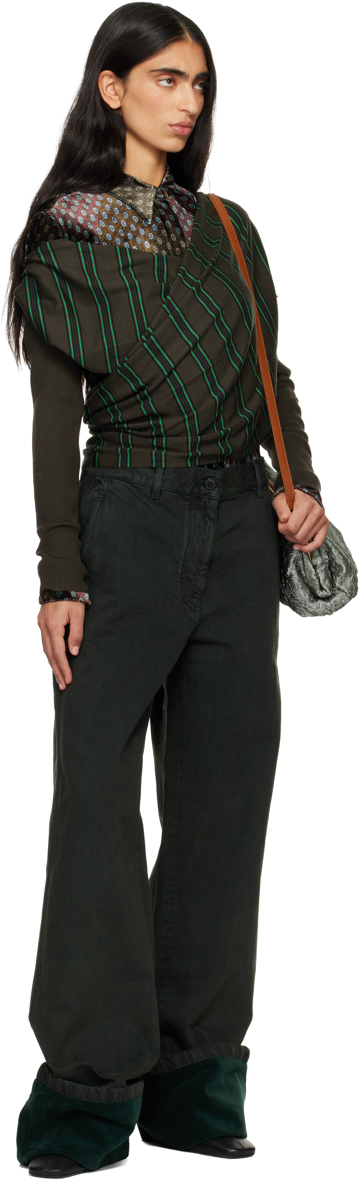 Dries Van Noten Green Velvet Cuff Jeans In Black