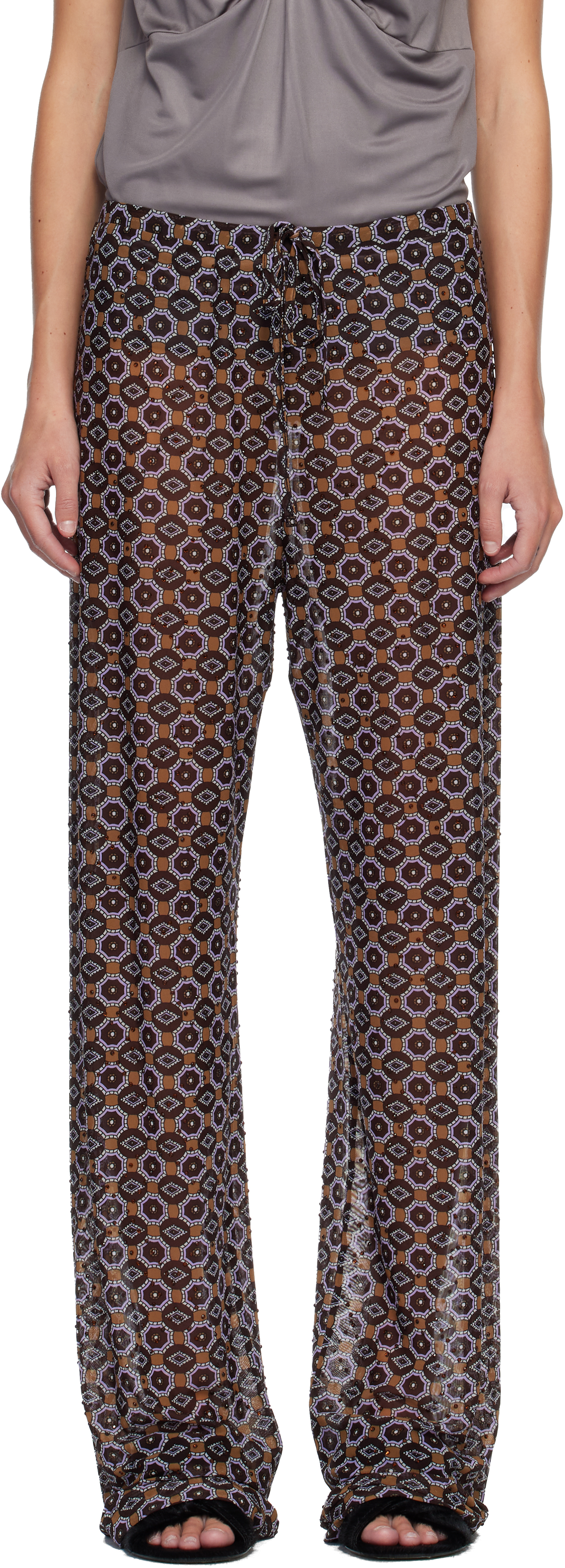 Brown & Purple Embellished Jersey Trousers by Dries Van Noten on Sale
