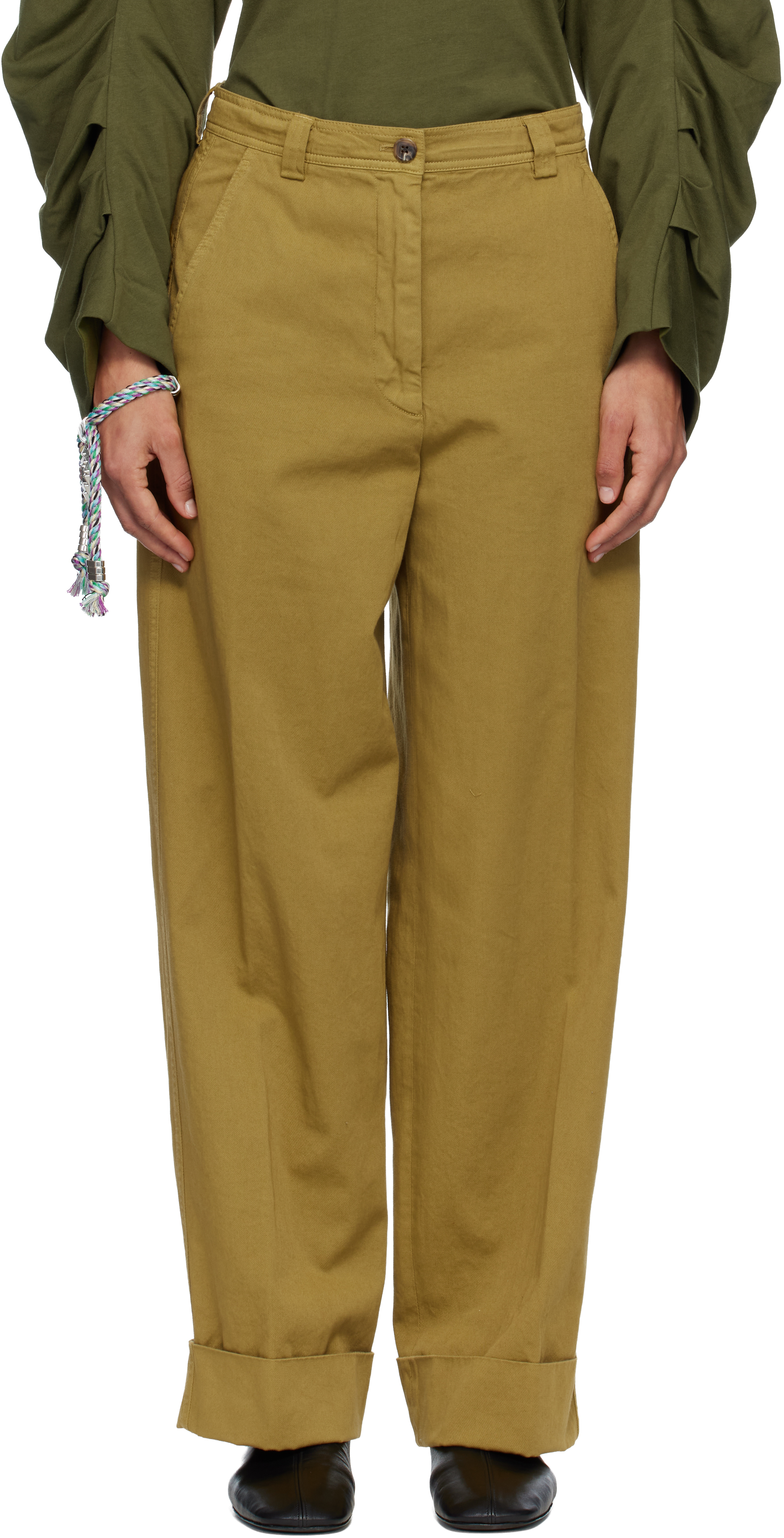 Khaki Cuffed Cotton Trousers by Dries Van Noten on Sale Khaki Cuffed Cotton Trousers by Dries Van Noten on Sale