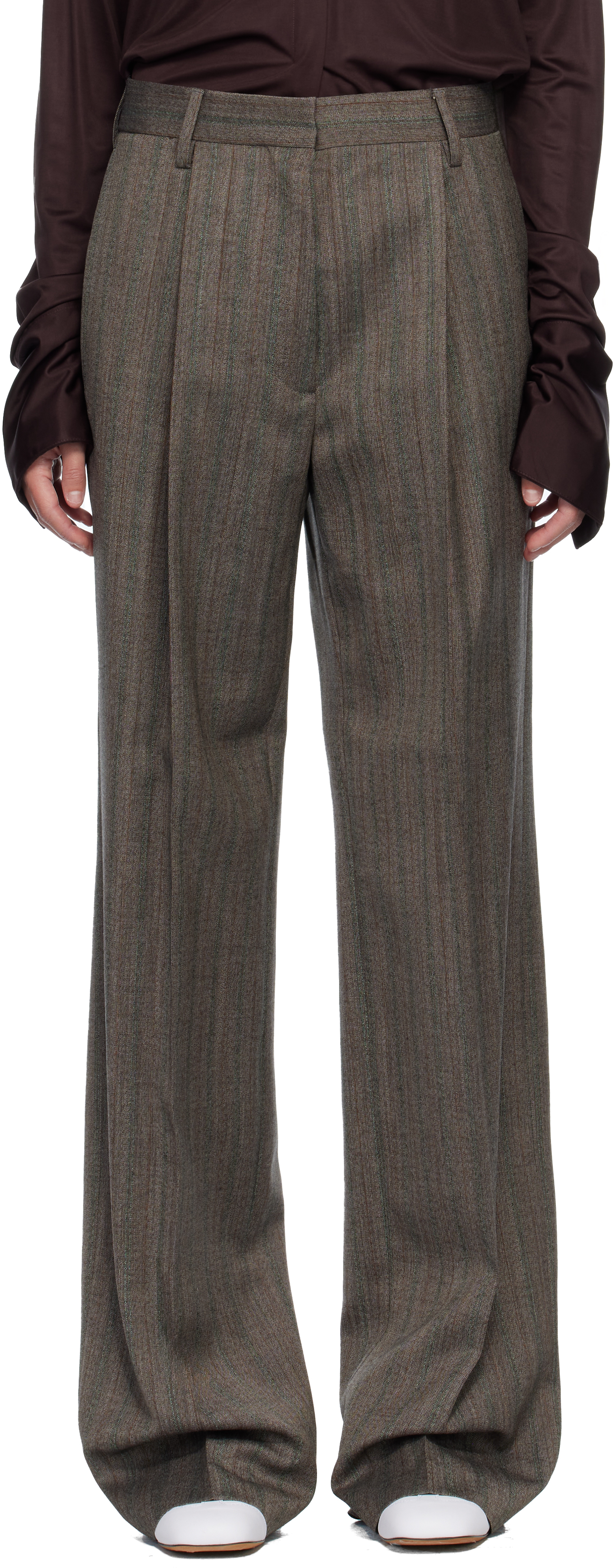 Dries Van Noten 02070-partan 2250 Melange Stripe Wool Pants Trousers Grey In Brown
