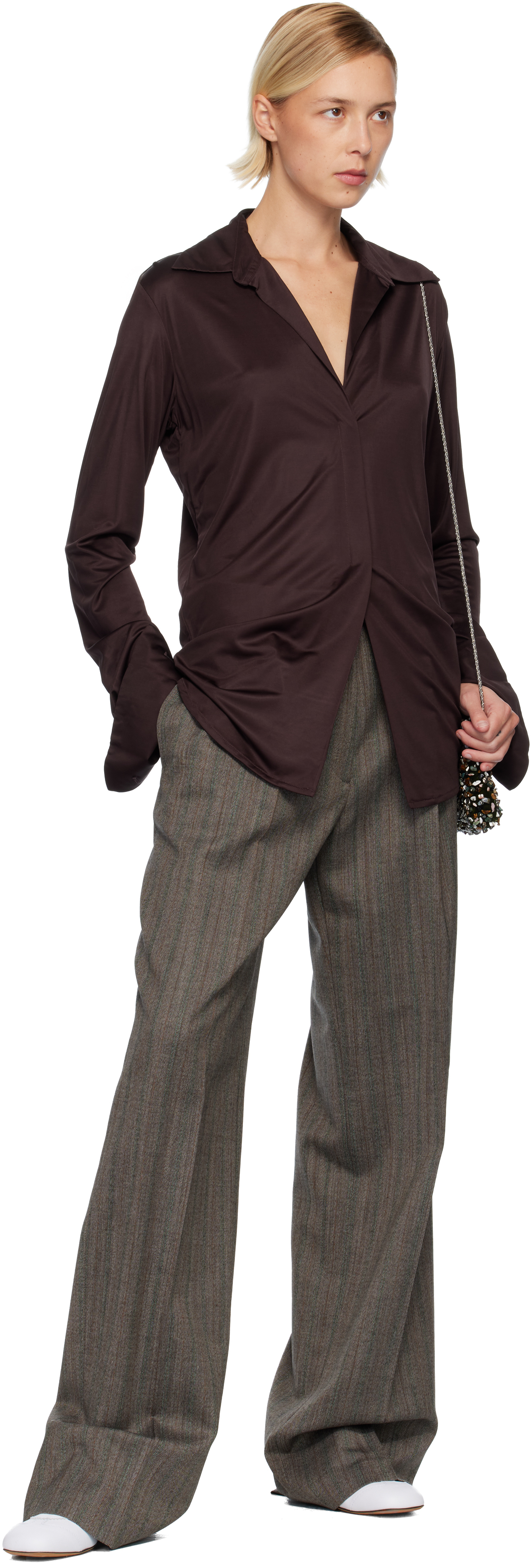 Dries Van Noten 02070-partan 2250 Melange Stripe Wool Pants Trousers Grey In Brown