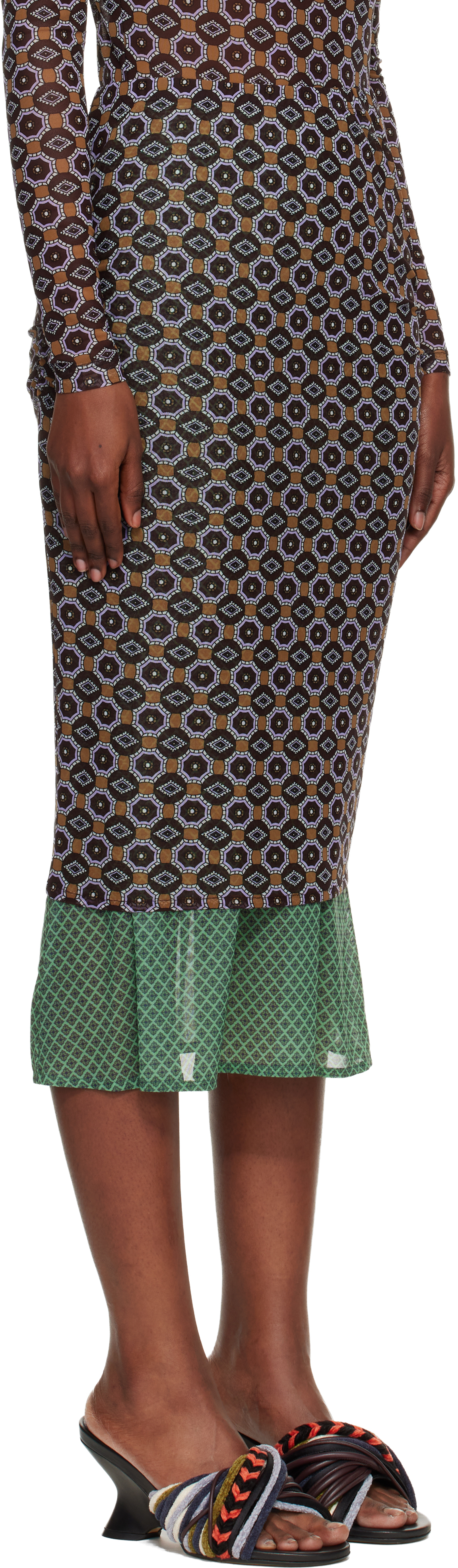 Dries Van Noten Women Brown Printed Mesh Layered Midi Skirt In Brown