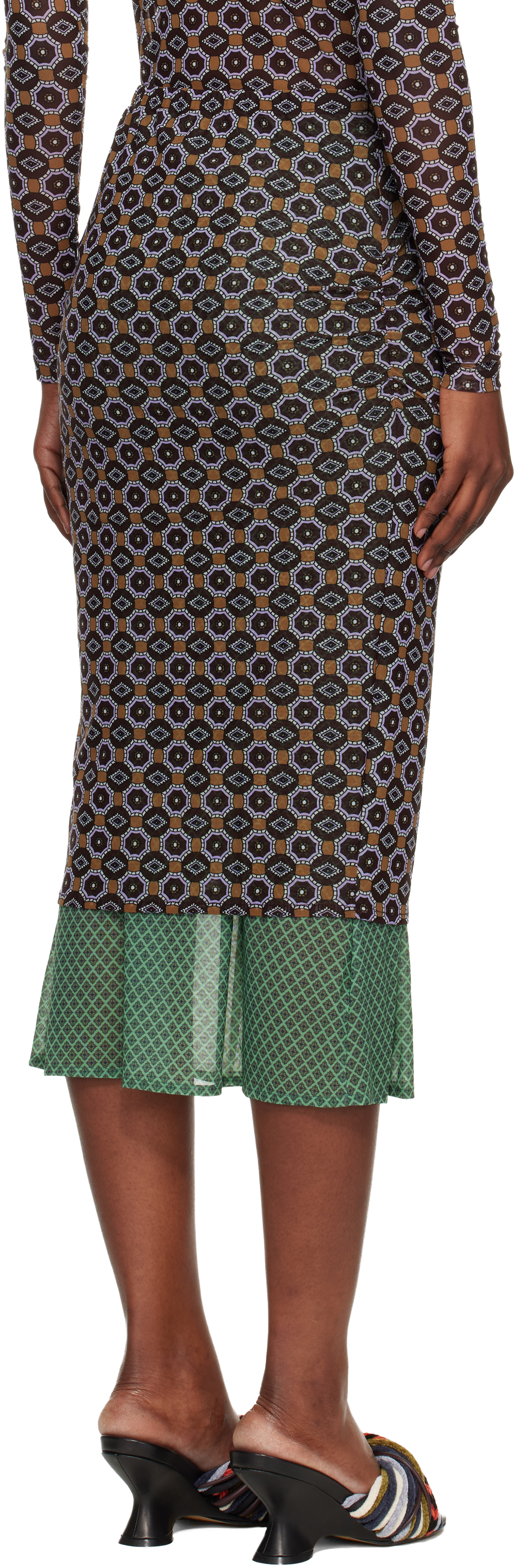 Dries Van Noten Women Brown Printed Mesh Layered Midi Skirt In Brown