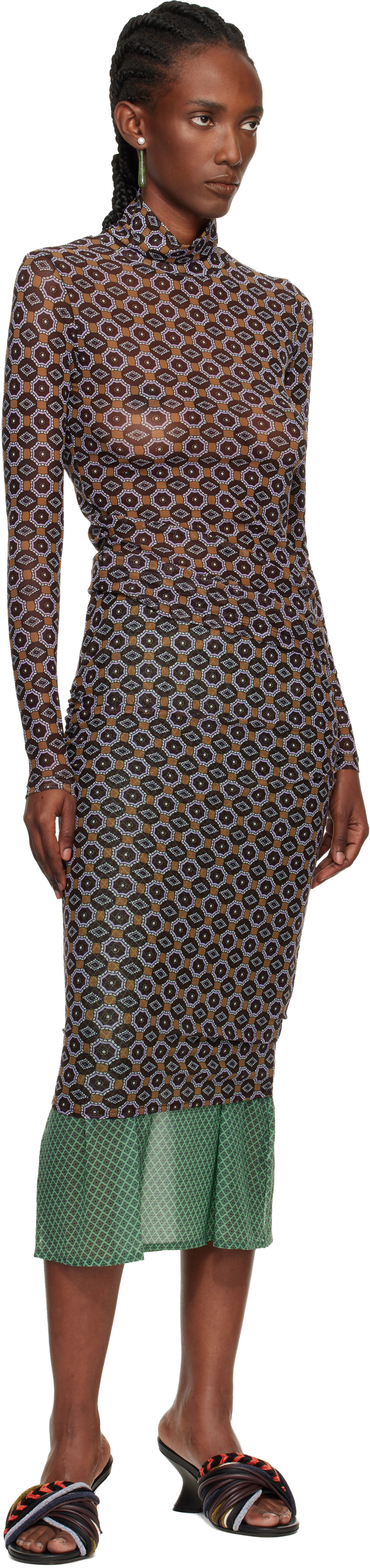 Dries Van Noten Women Brown Printed Mesh Layered Midi Skirt In Brown