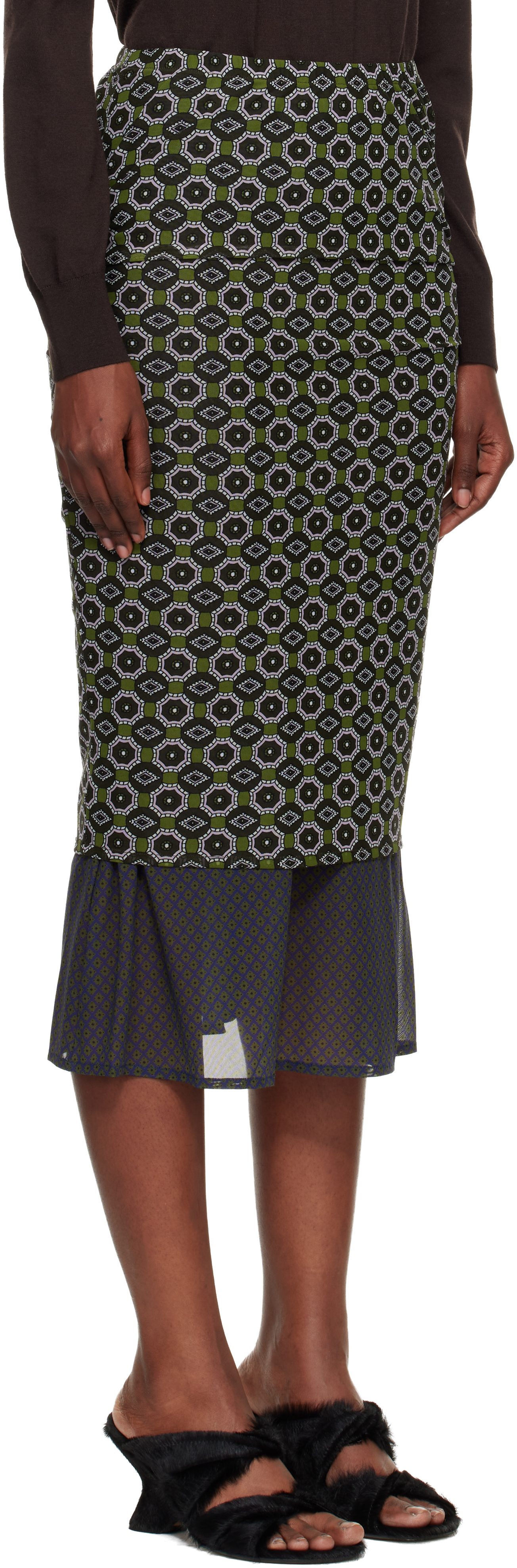 Dries Van Noten Green & Blue Transparent Mesh Midi Skirt In Black