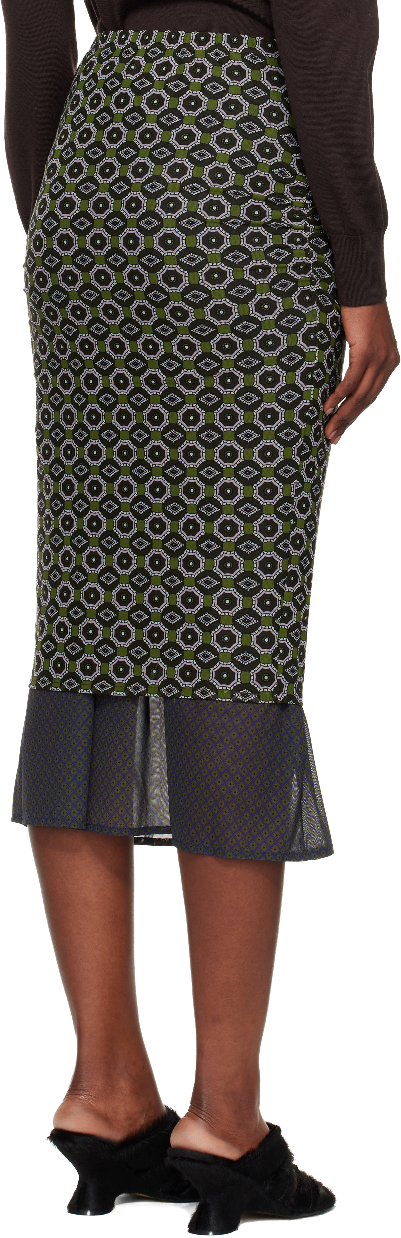 Dries Van Noten Green & Blue Transparent Mesh Midi Skirt In Black