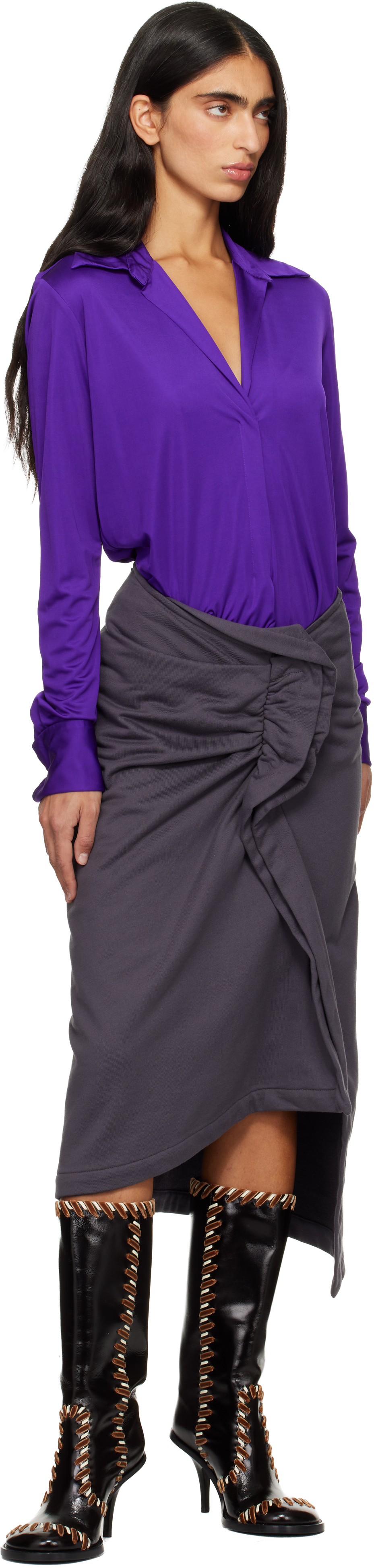 Dries Van Noten Gray Ruffled Cotton Midi Skirt In Gray