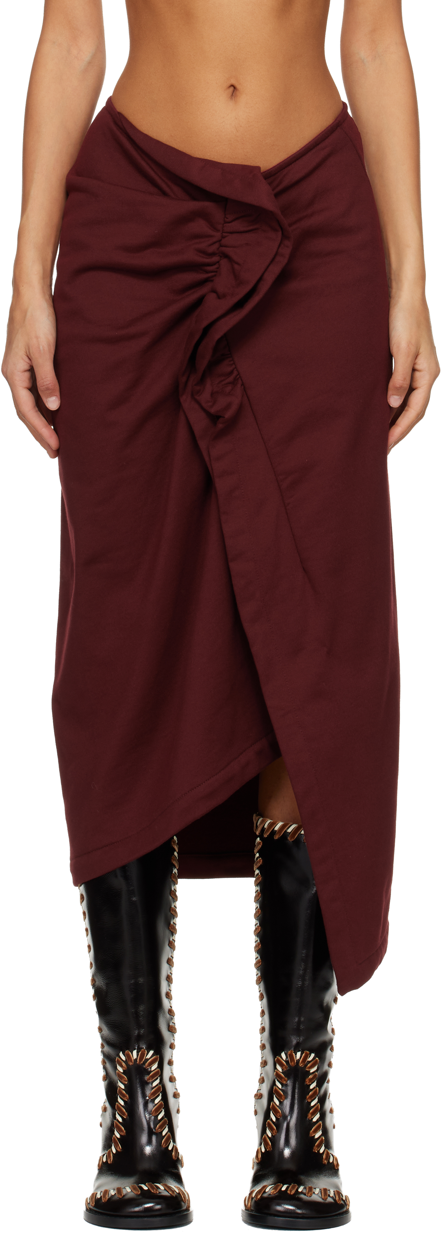 Dries Van Noten High Waist Midi Skirt With Ruffled Detail In Burgundy
