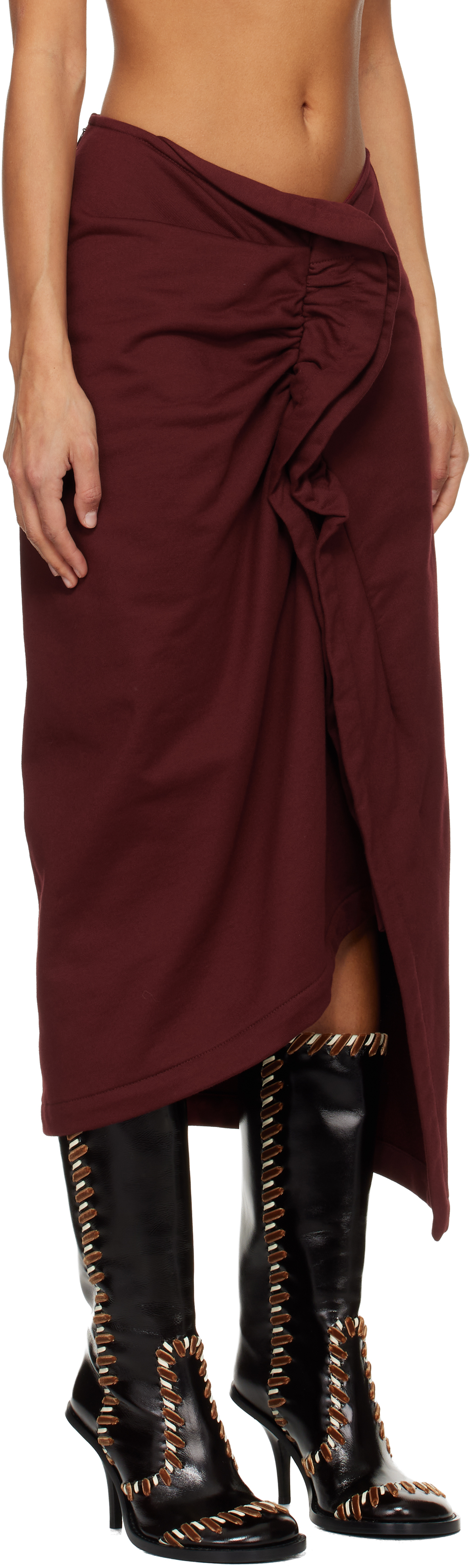 Dries Van Noten High Waist Midi Skirt With Ruffled Detail In Burgundy