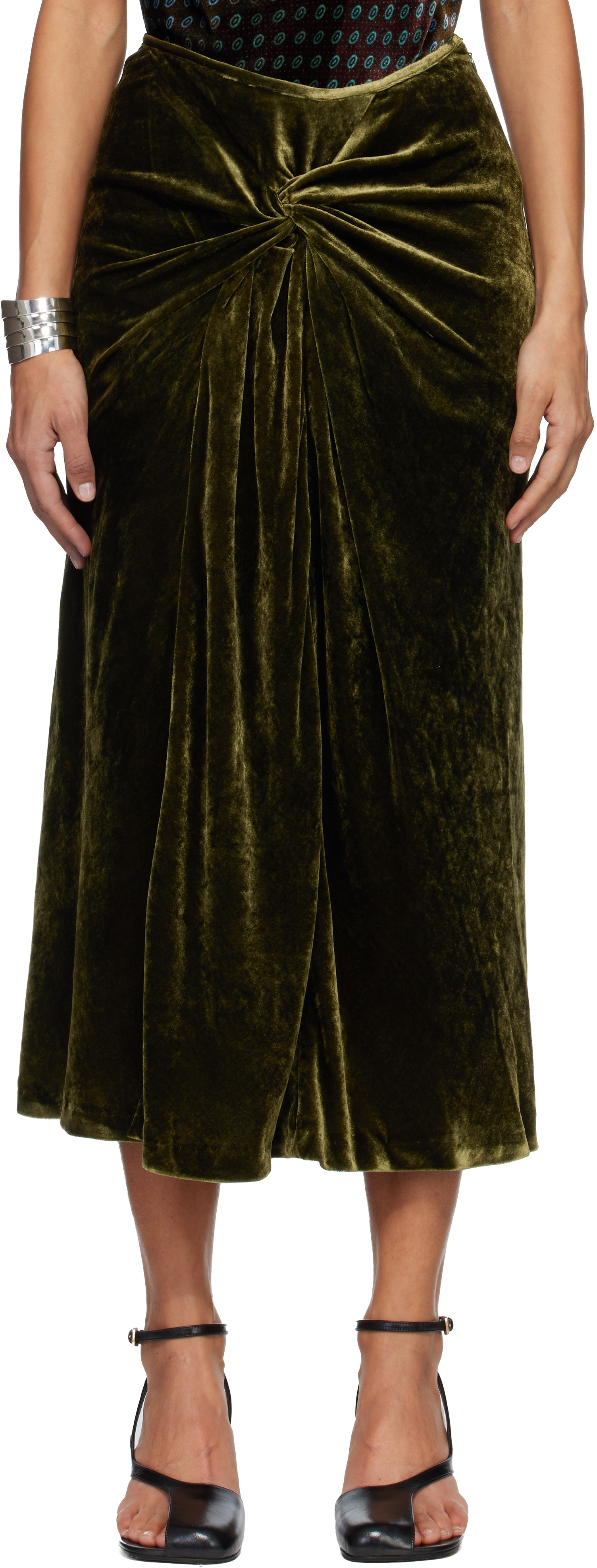 Dries Van Noten Green Draped Midi Skirt
