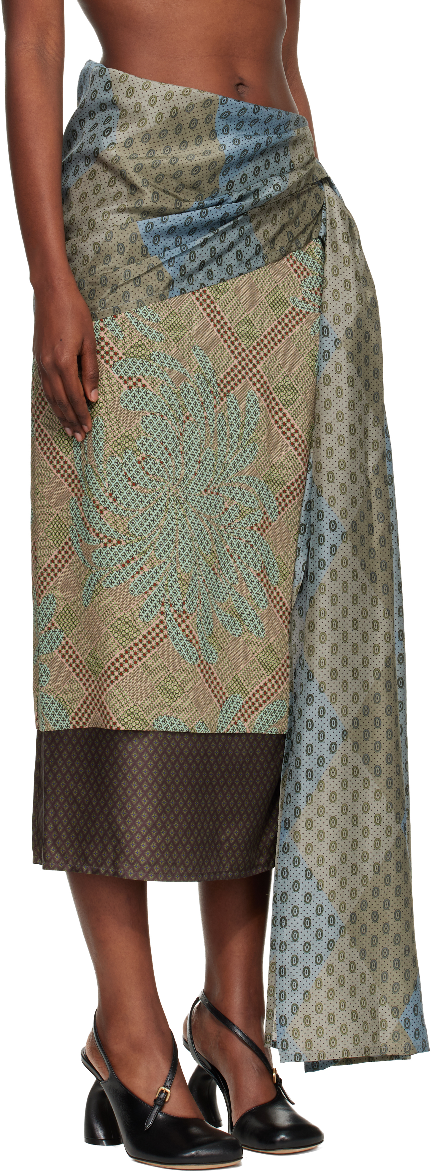 Dries Van Noten Green Layered Tie Motif Midi Skirt