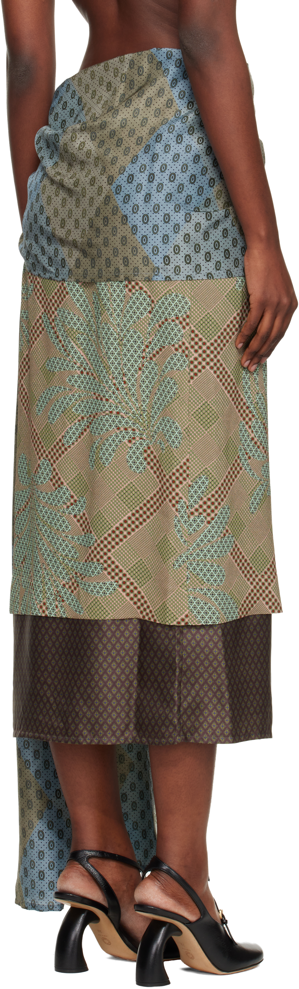 Dries Van Noten Green Layered Tie Motif Midi Skirt
