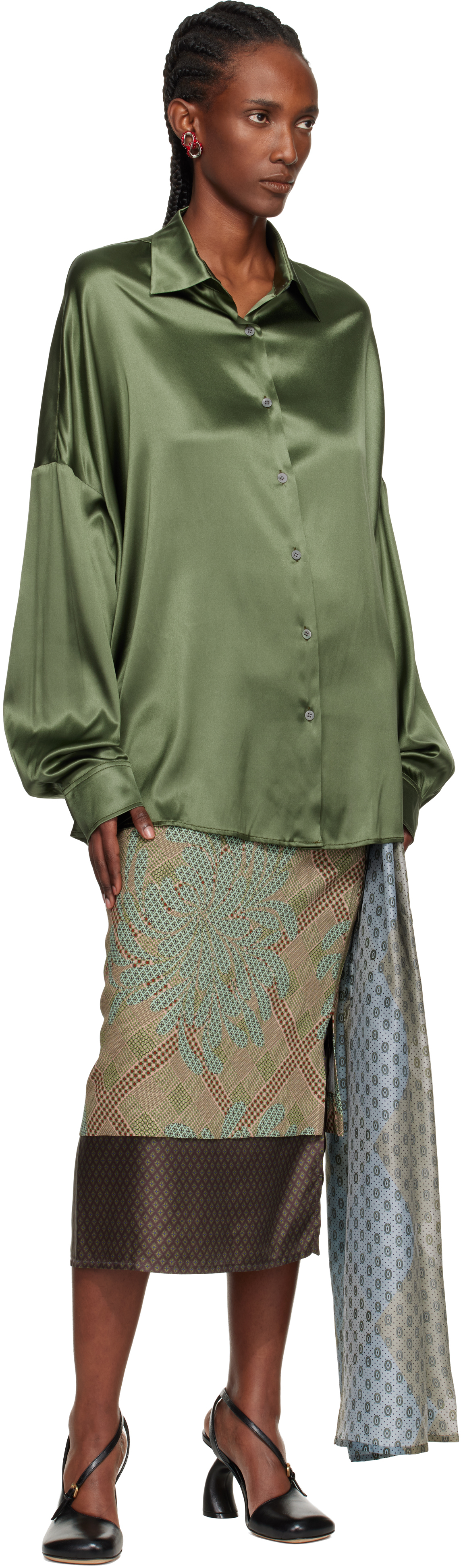 Dries Van Noten Green Layered Tie Motif Midi Skirt