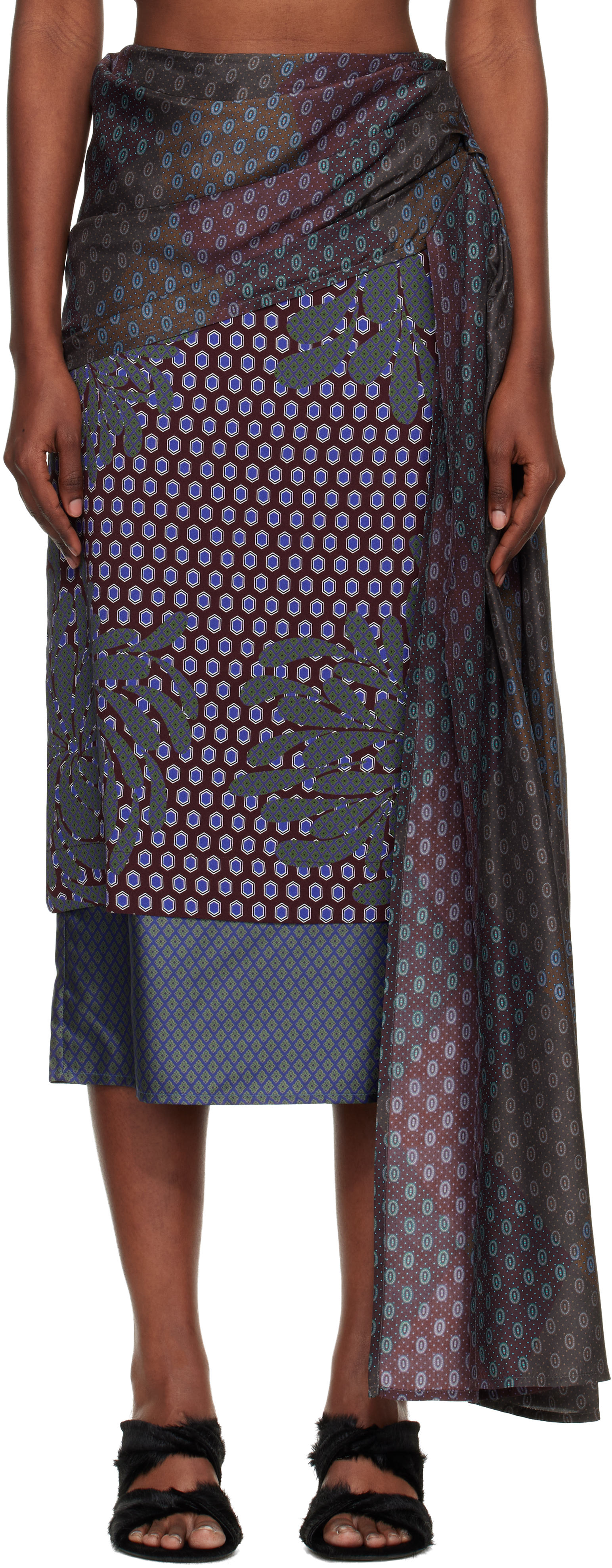 Dries Van Noten Burgundy & Green Layered Tie Motif Midi Skirt In Multi