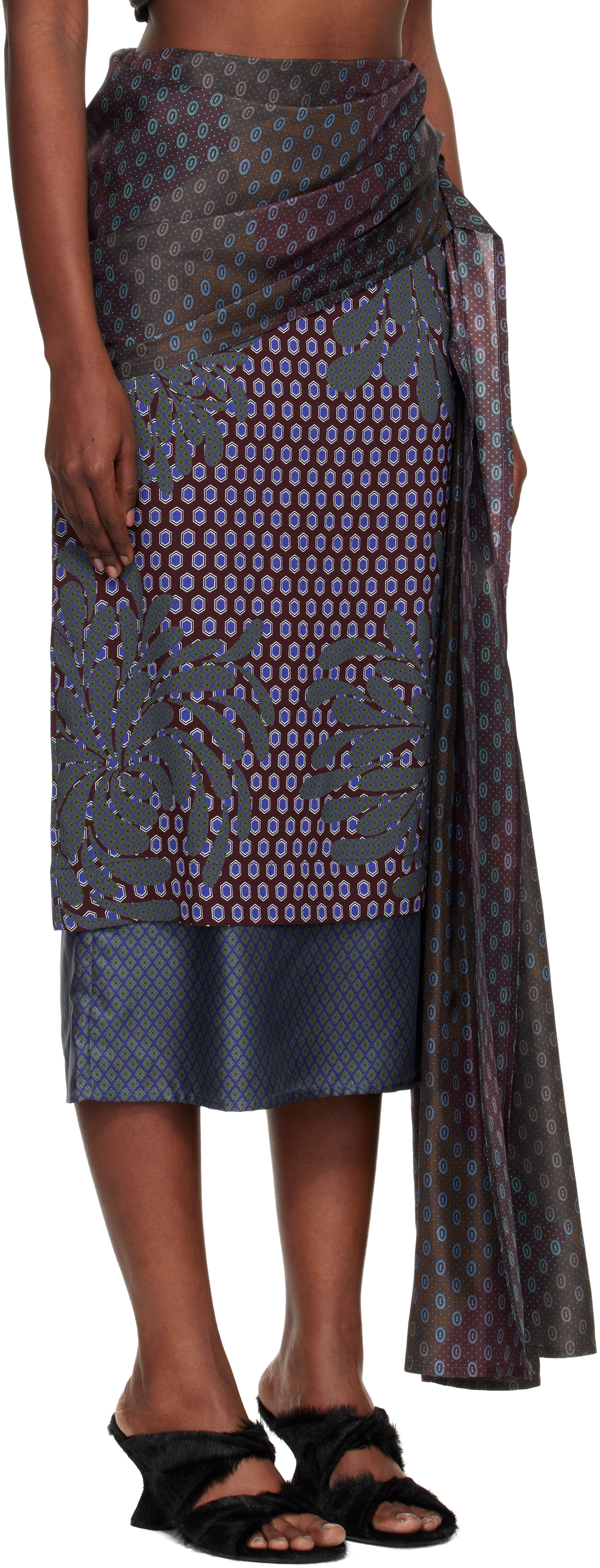 Dries Van Noten Burgundy & Green Layered Tie Motif Midi Skirt In Multi