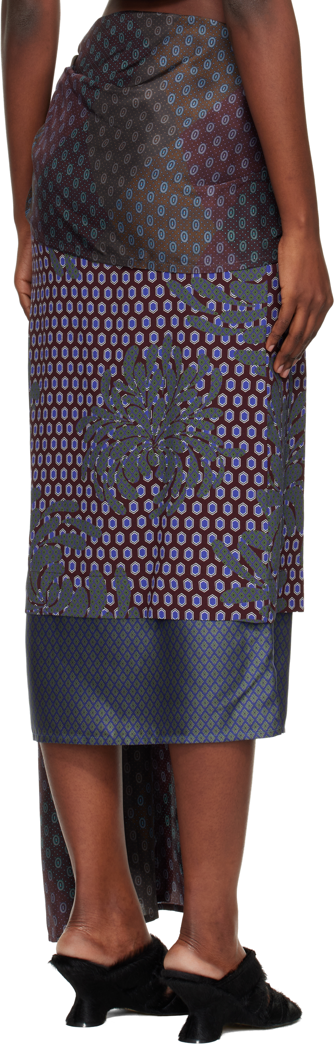 Dries Van Noten Burgundy & Green Layered Tie Motif Midi Skirt In Multi
