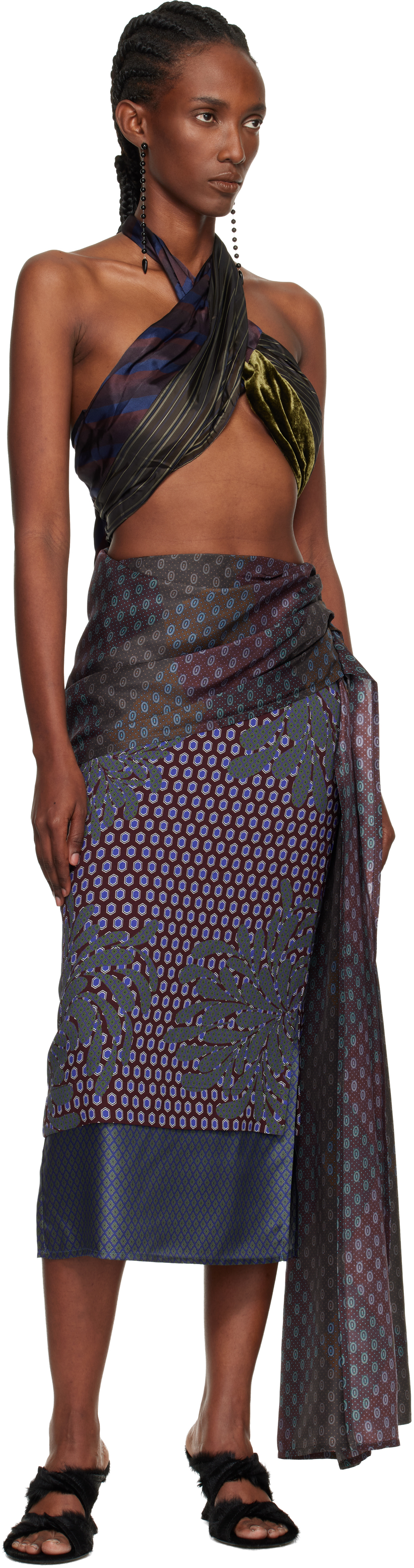 Dries Van Noten Burgundy & Green Layered Tie Motif Midi Skirt In Multi