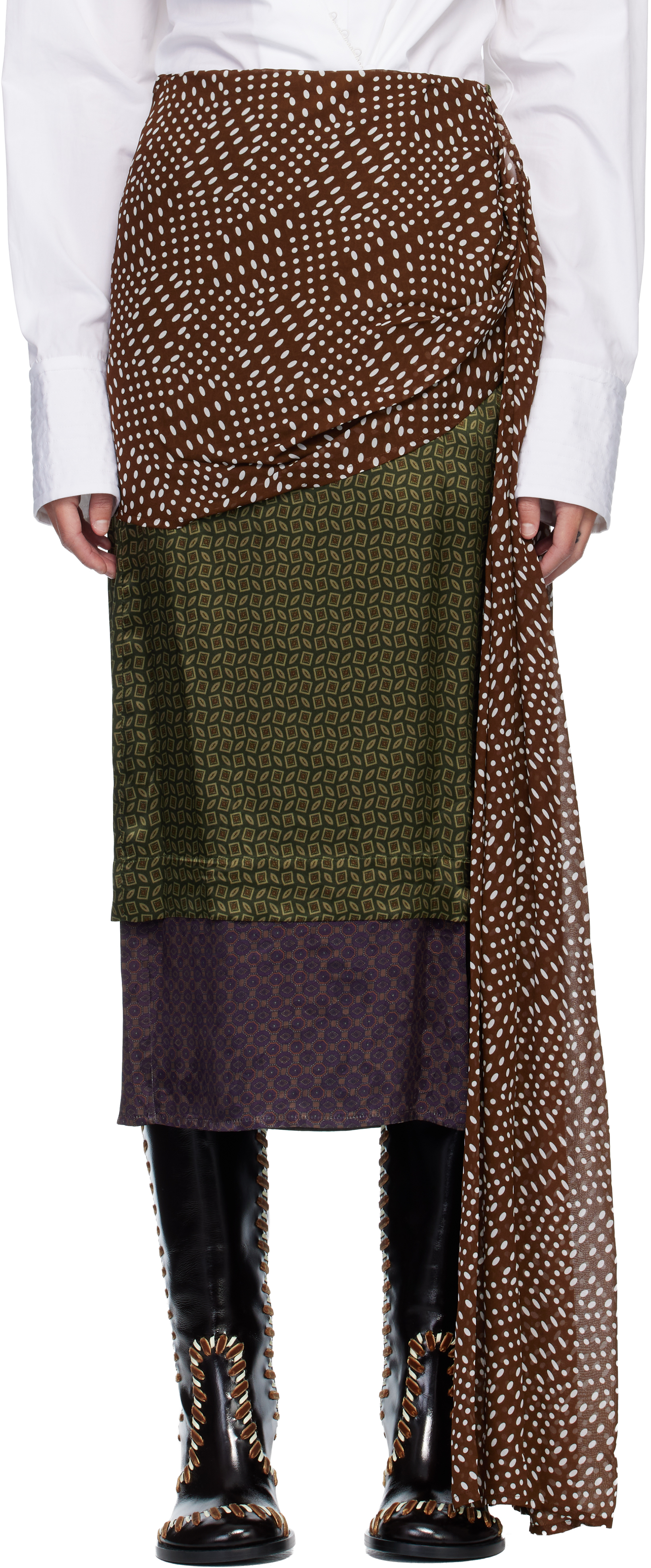 Dries Van Noten Multicolor Draped Silk Satin Midi Skirt In Multi