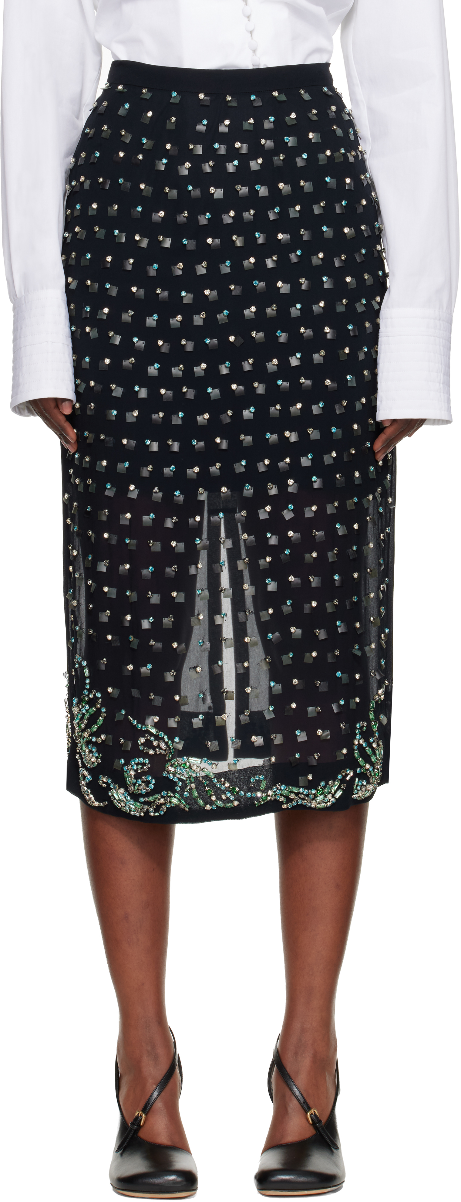 Dries Van Noten Navy Embellished Midi Skirt In Blue