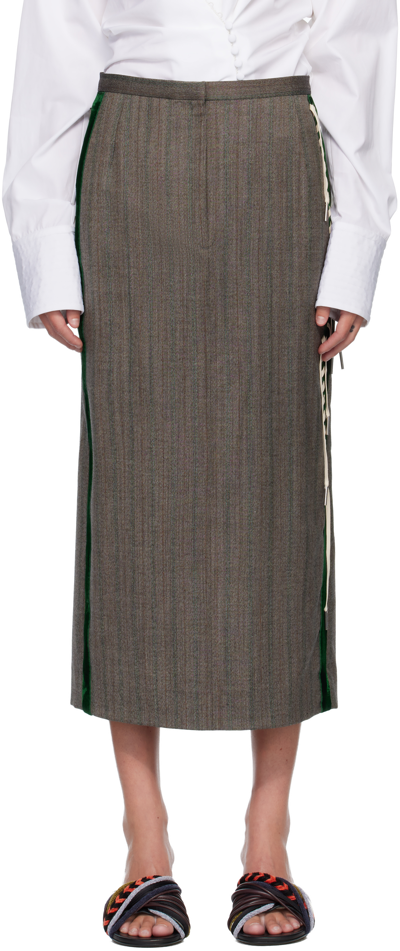 Dries Van Noten Gray & Green Wool Midi Skirt