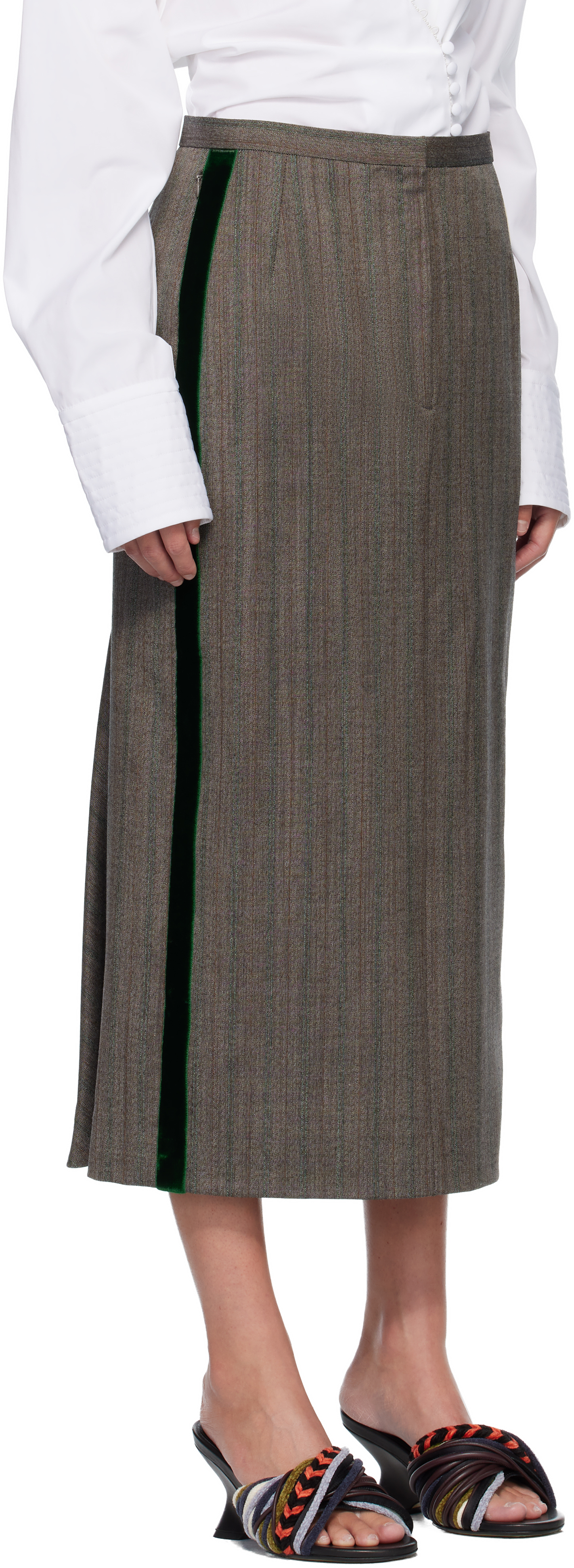 Dries Van Noten Gray & Green Wool Midi Skirt