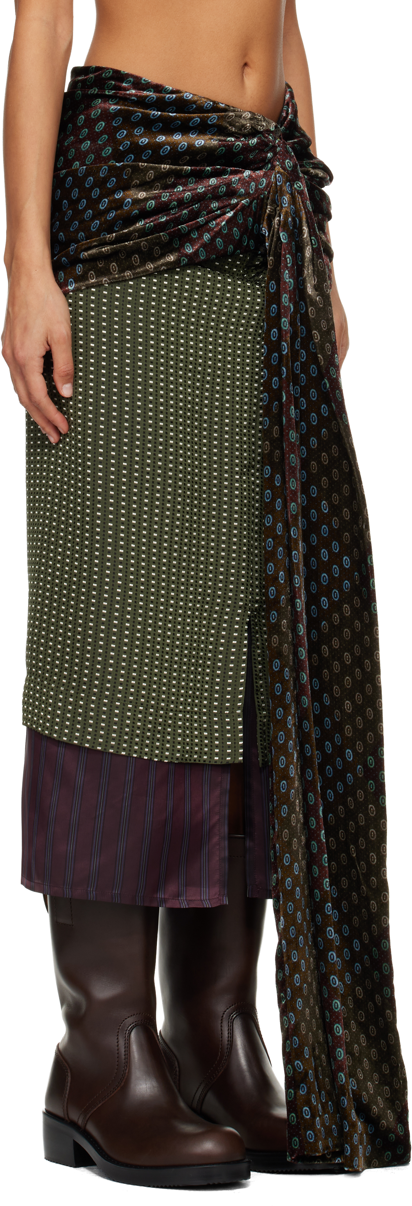 Dries Van Noten Khaki Layered Midi Skirt