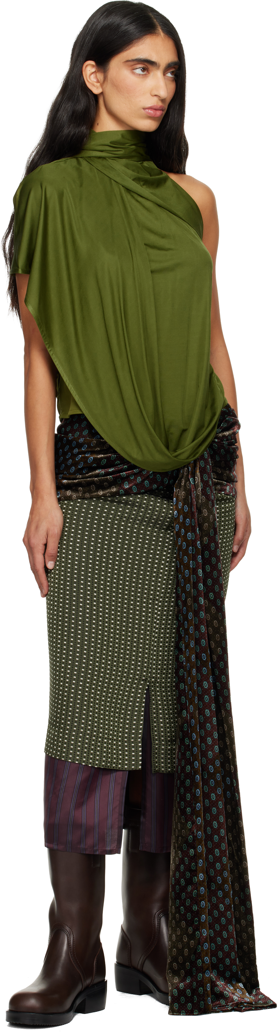 Dries Van Noten Khaki Layered Midi Skirt