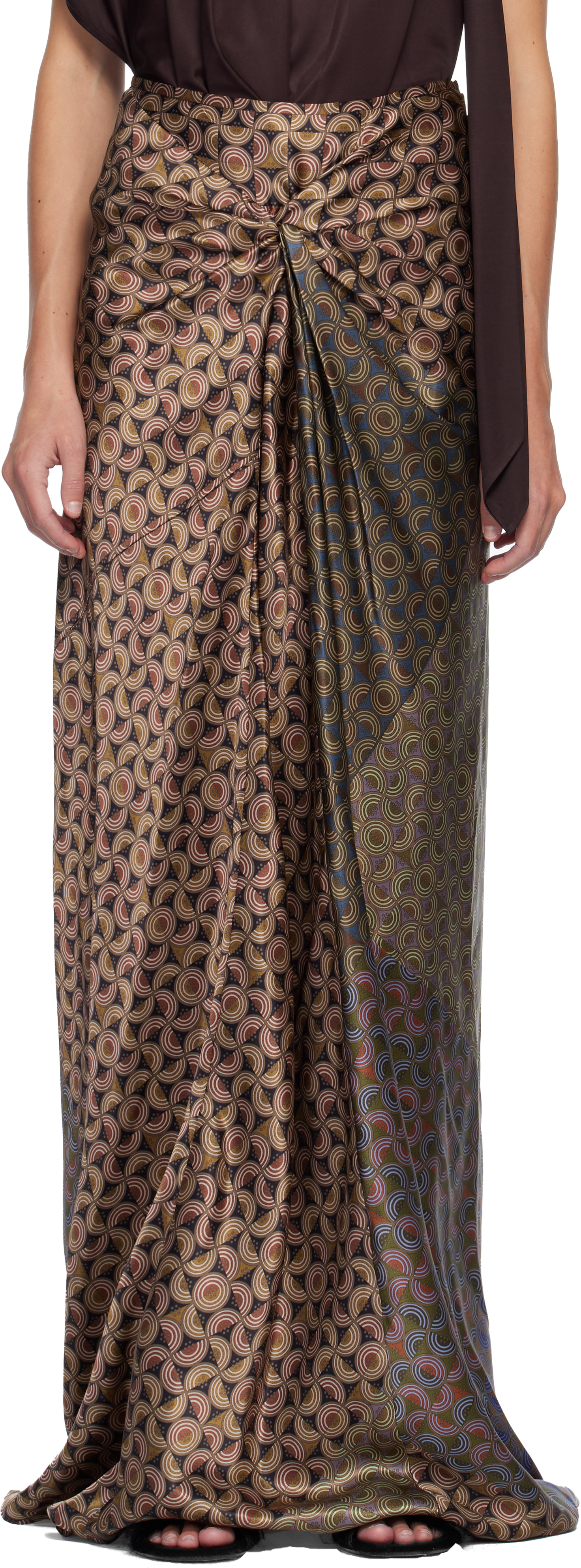 Dries Van Noten Burgundy Draped Maxi Skirt In Multi