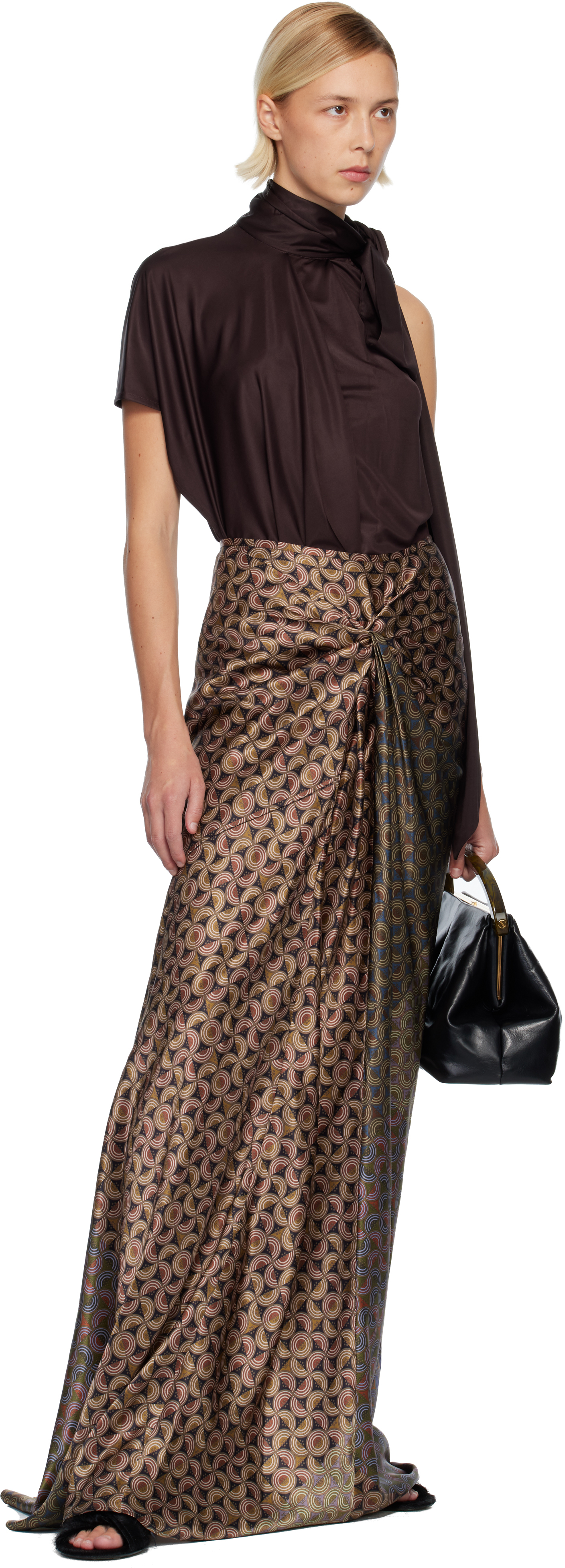 Dries Van Noten Burgundy Draped Maxi Skirt In Multi