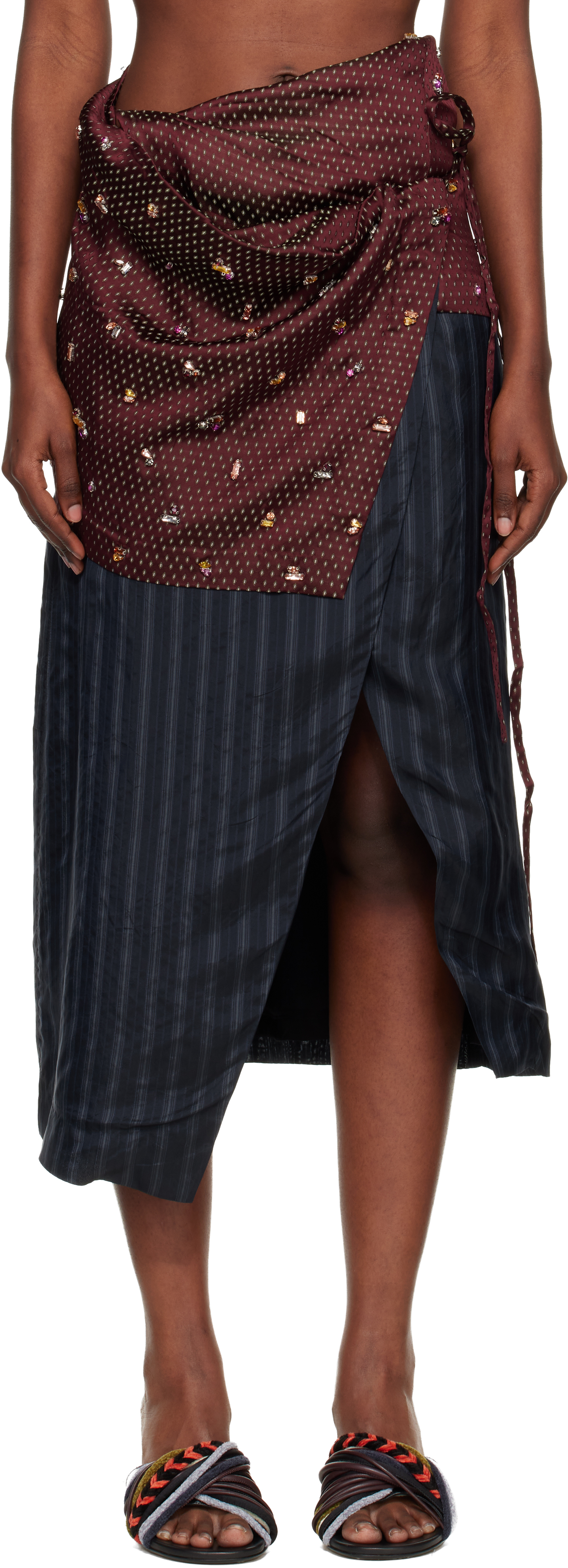 Dries Van Noten Navy & Burgundy Diamond Tie Motif Maxi Skirt In Burgundy