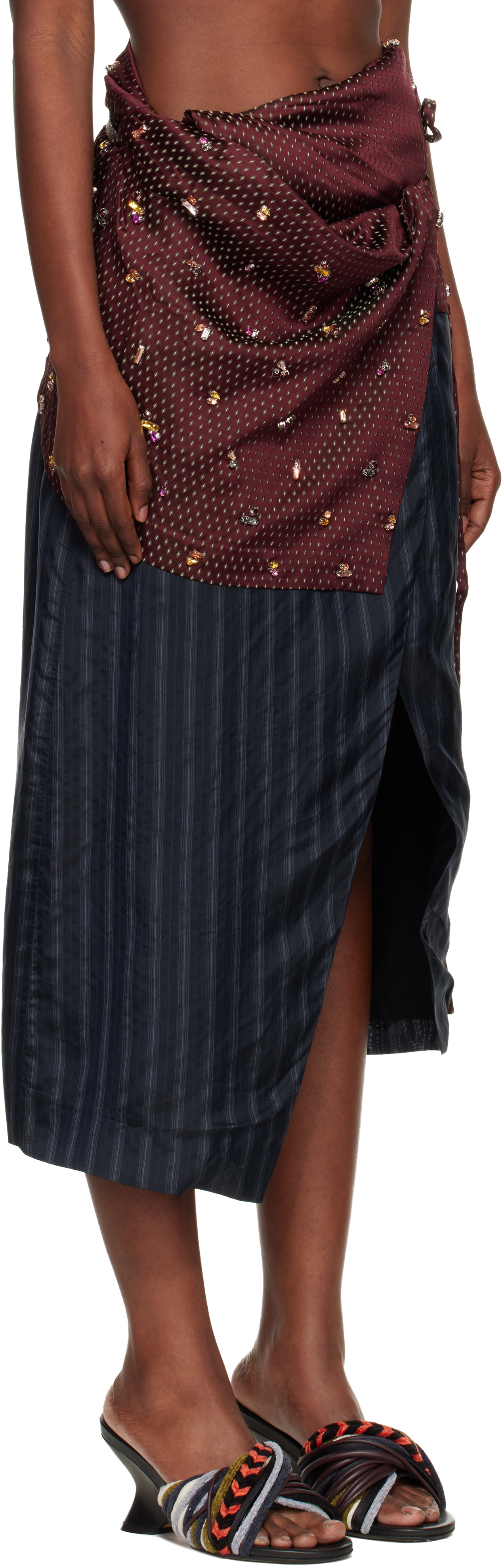 Dries Van Noten Navy & Burgundy Diamond Tie Motif Maxi Skirt In Burgundy