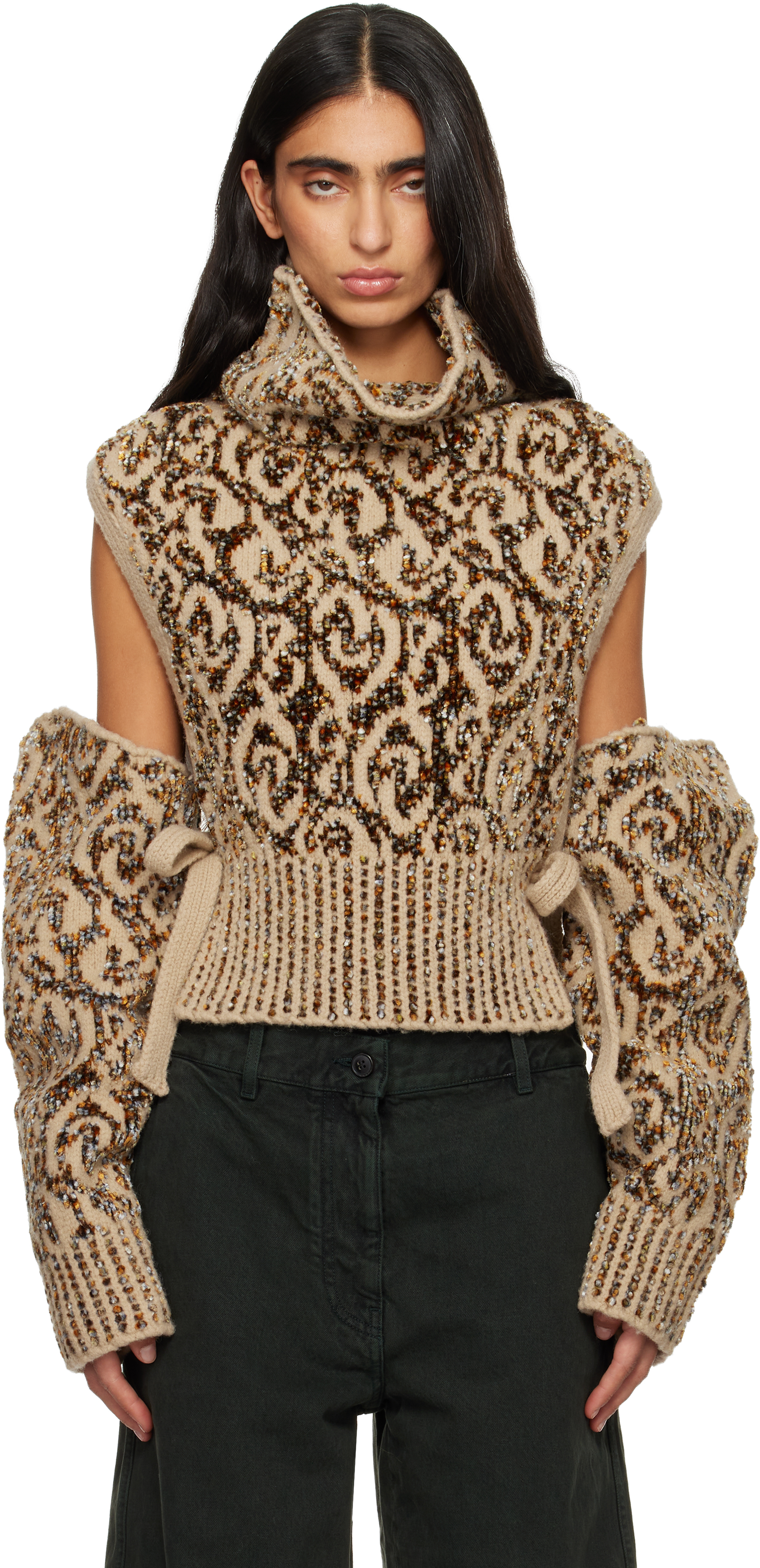 Beige Jacquard Arm Warmers by Dries Van Noten on Sale